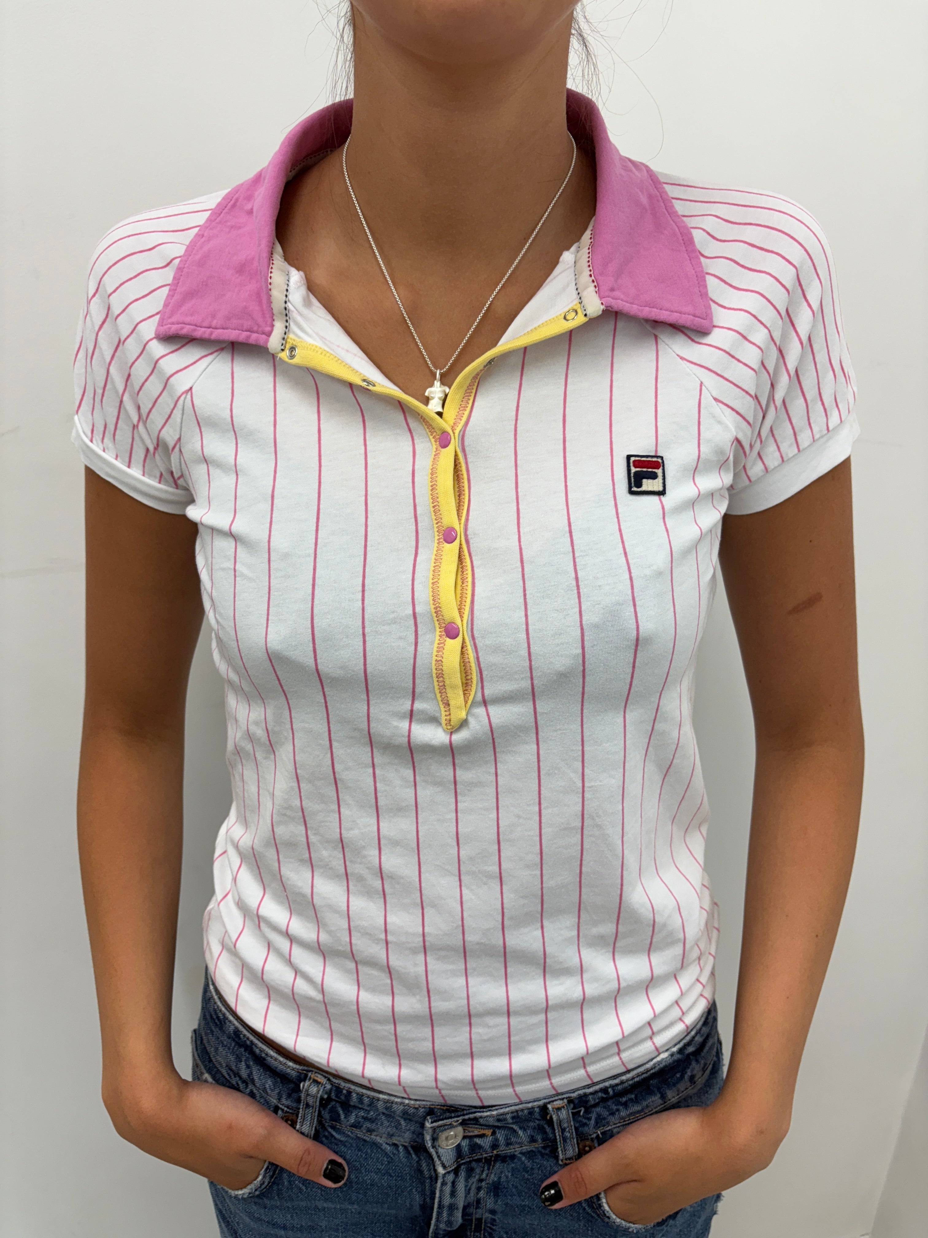 White and Pink Striped FILA Polo