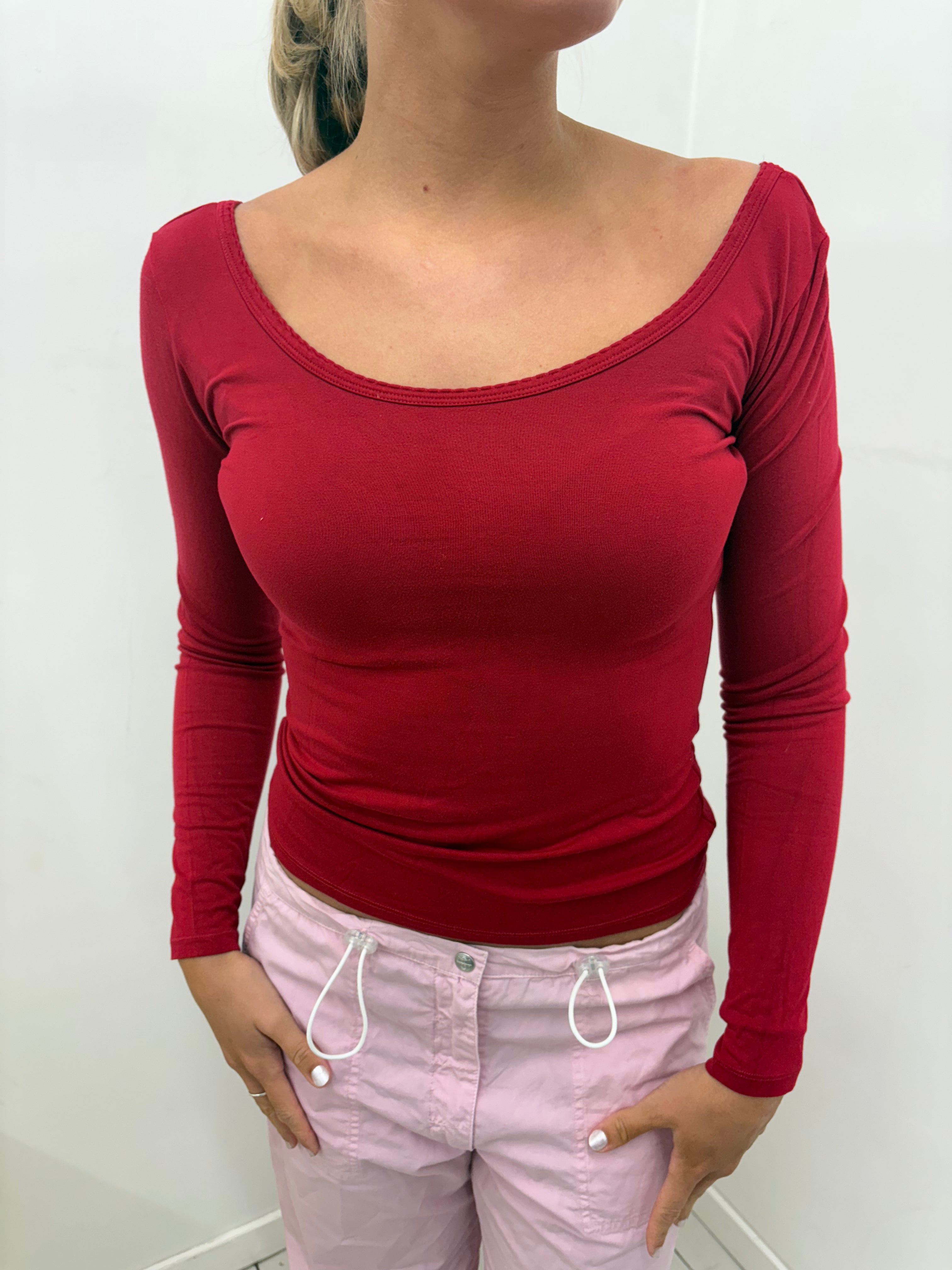 Cherry Red Wide-Scoop Long-Sleeve Fitted Top