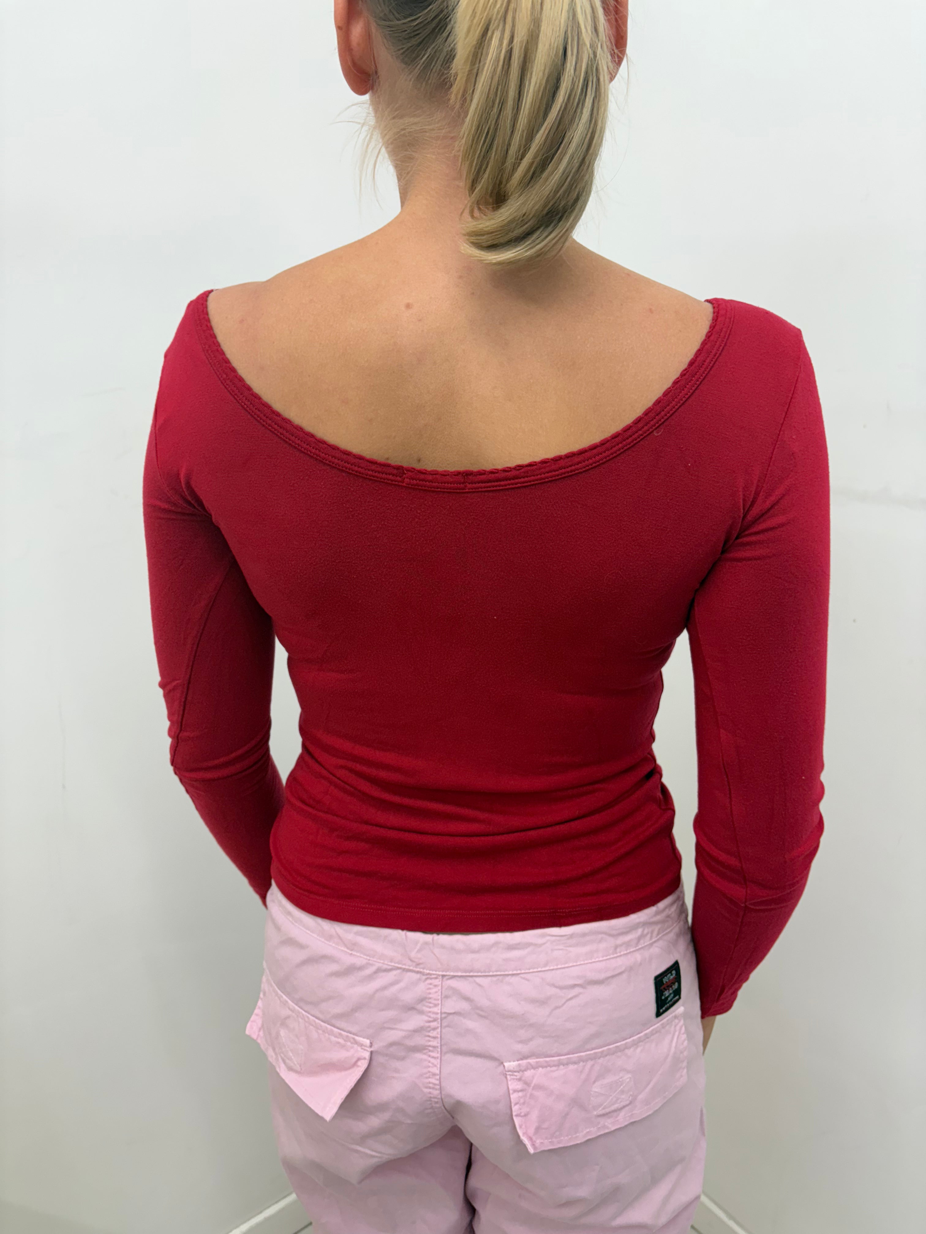 Cherry Red Wide-Scoop Long-Sleeve Fitted Top