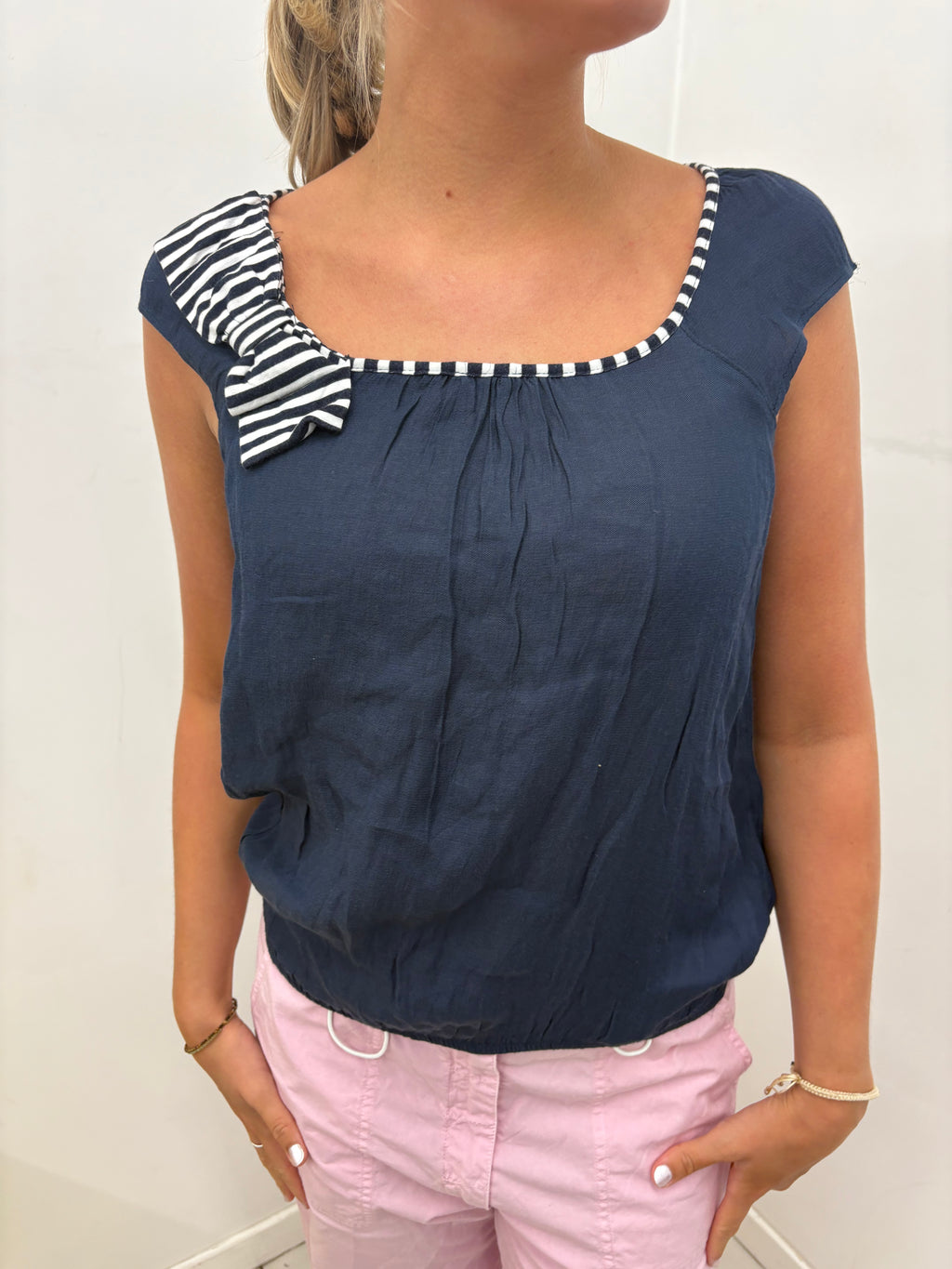 Navy Linen Crop Top With Striped Bow Detail