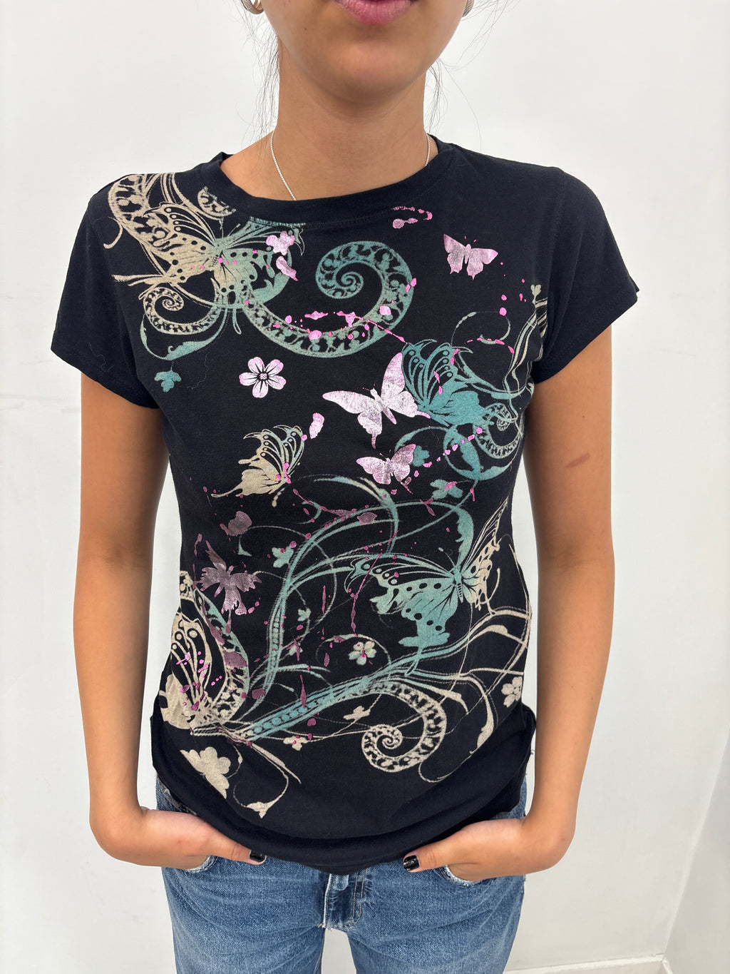 Black Butterfly and Floral Print T-Shirt