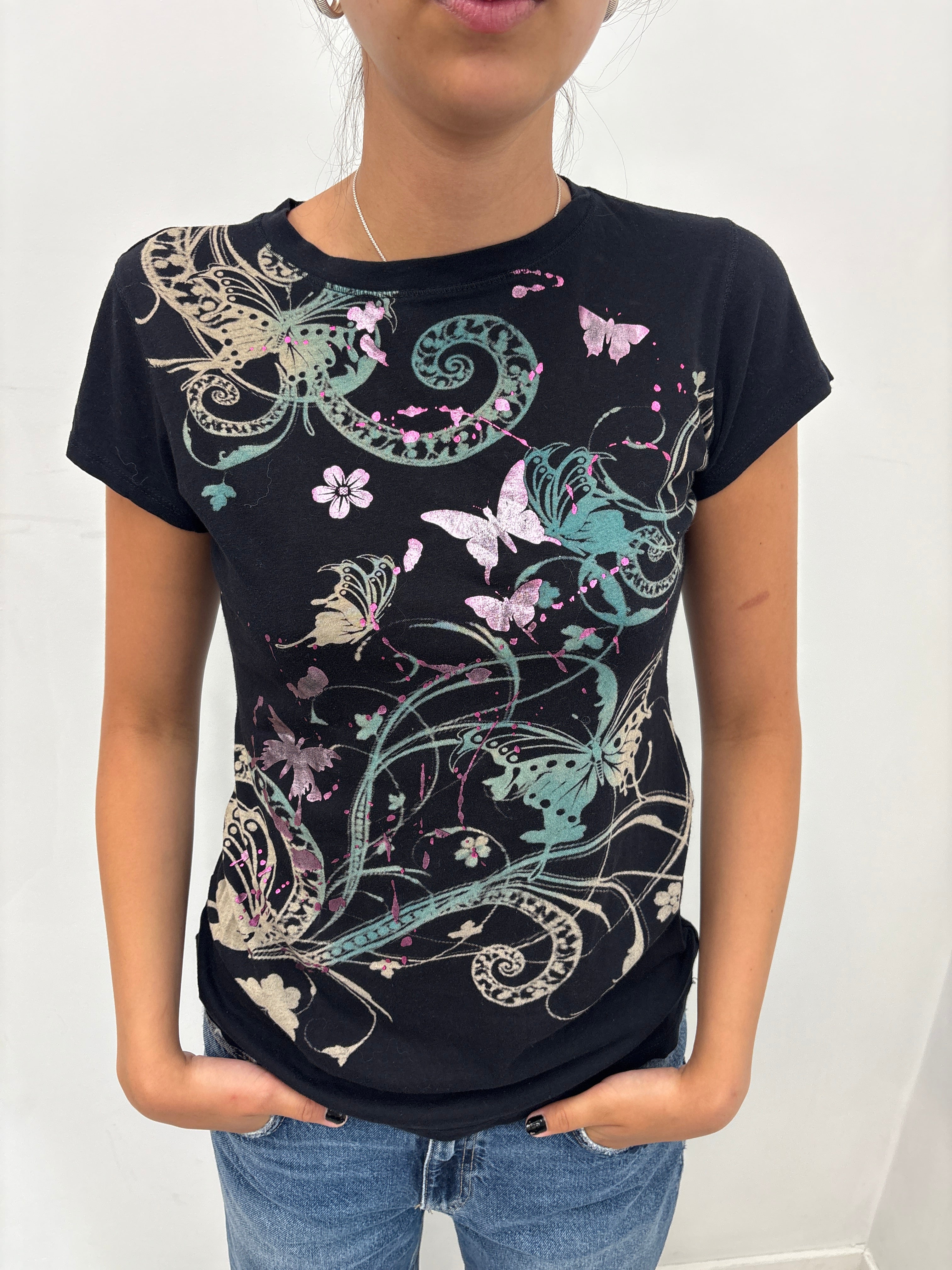 Black Butterfly and Floral Print T-Shirt