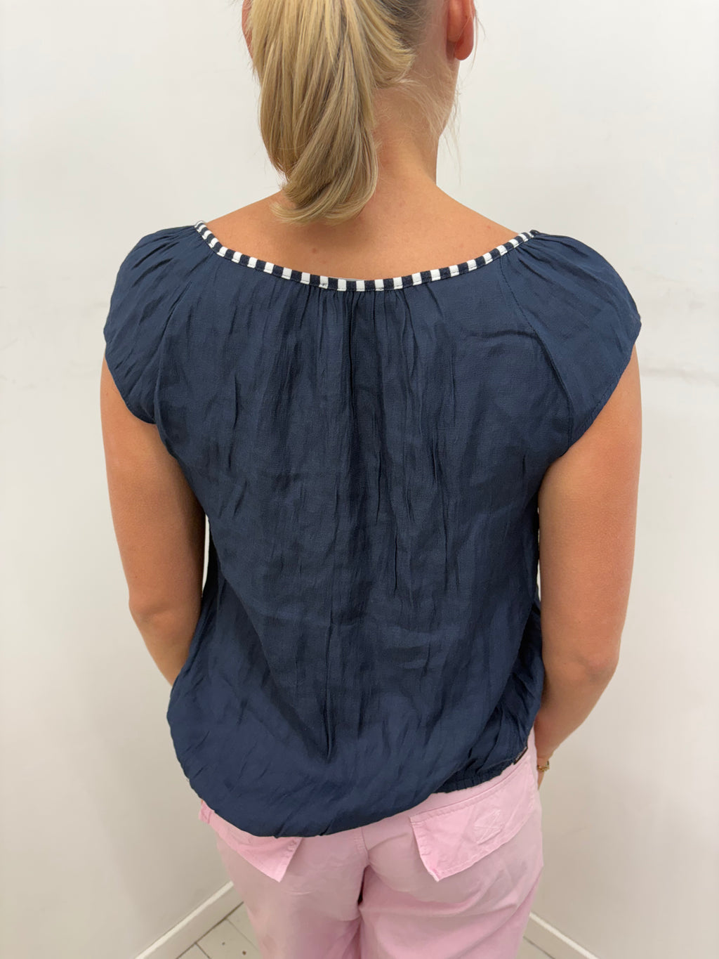 Navy Linen Crop Top With Striped Bow Detail