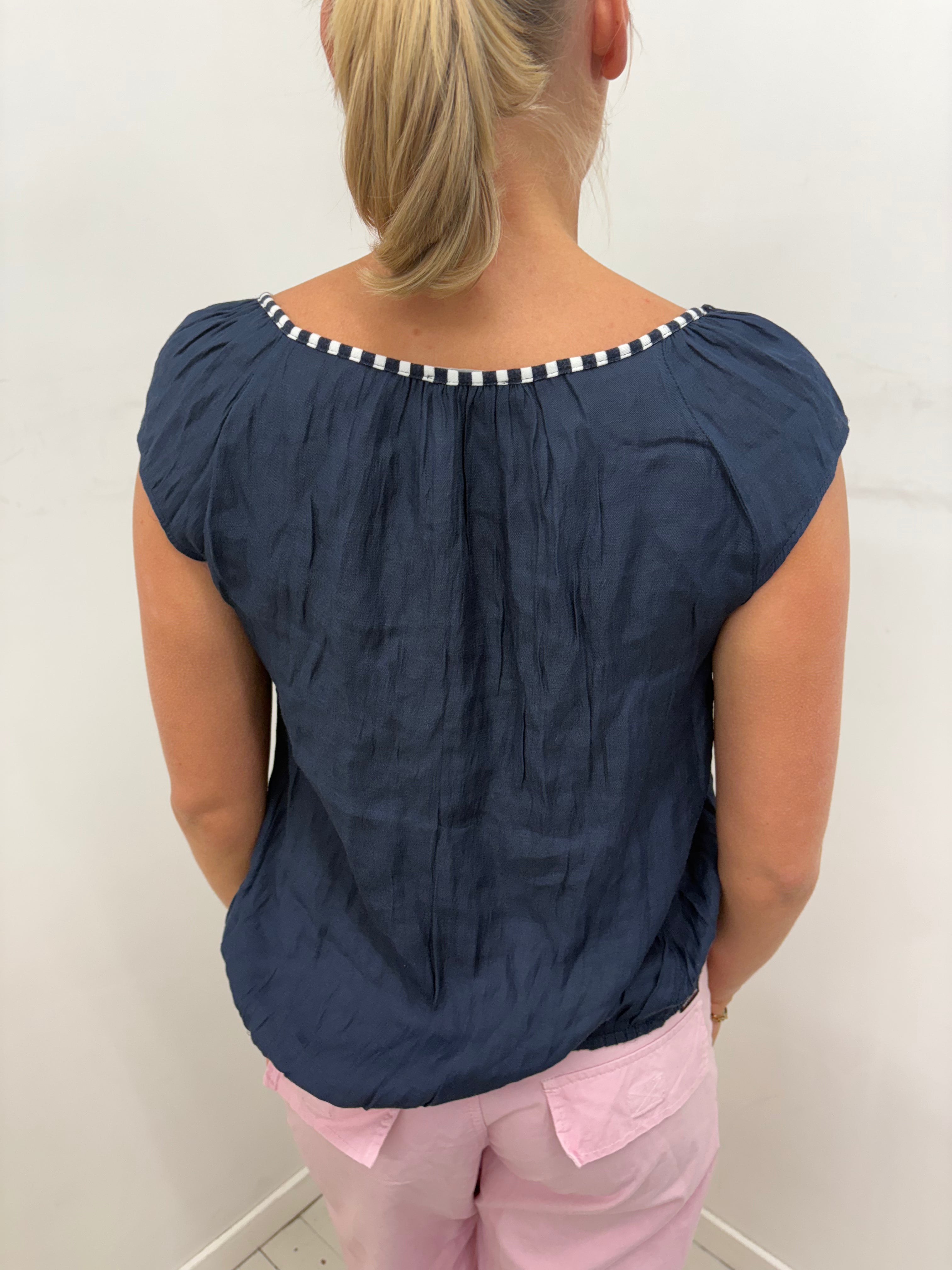 Navy Linen Crop Top With Striped Bow Detail