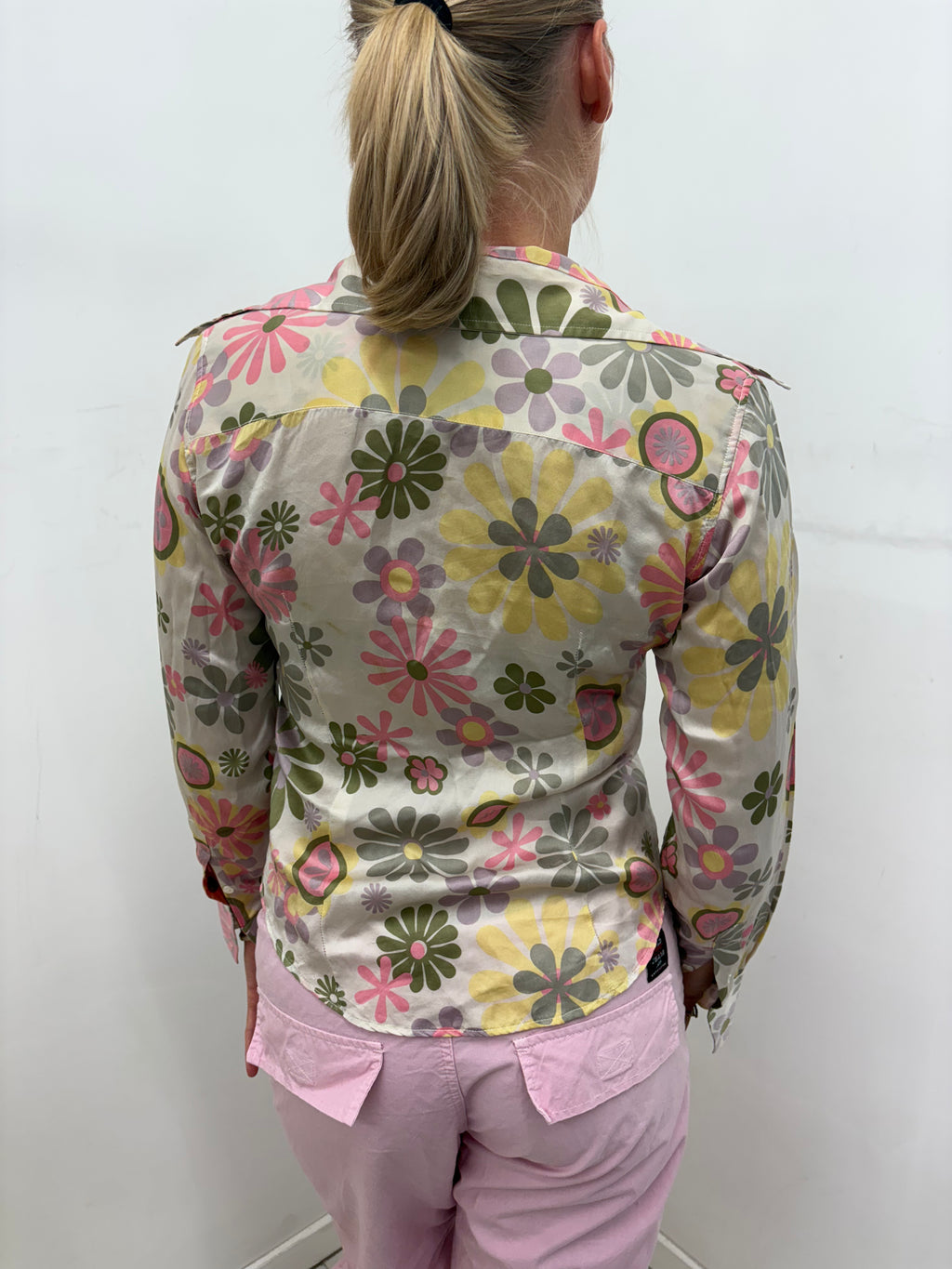 Retro Floral Print Silky Fitted Button-Up Shirt