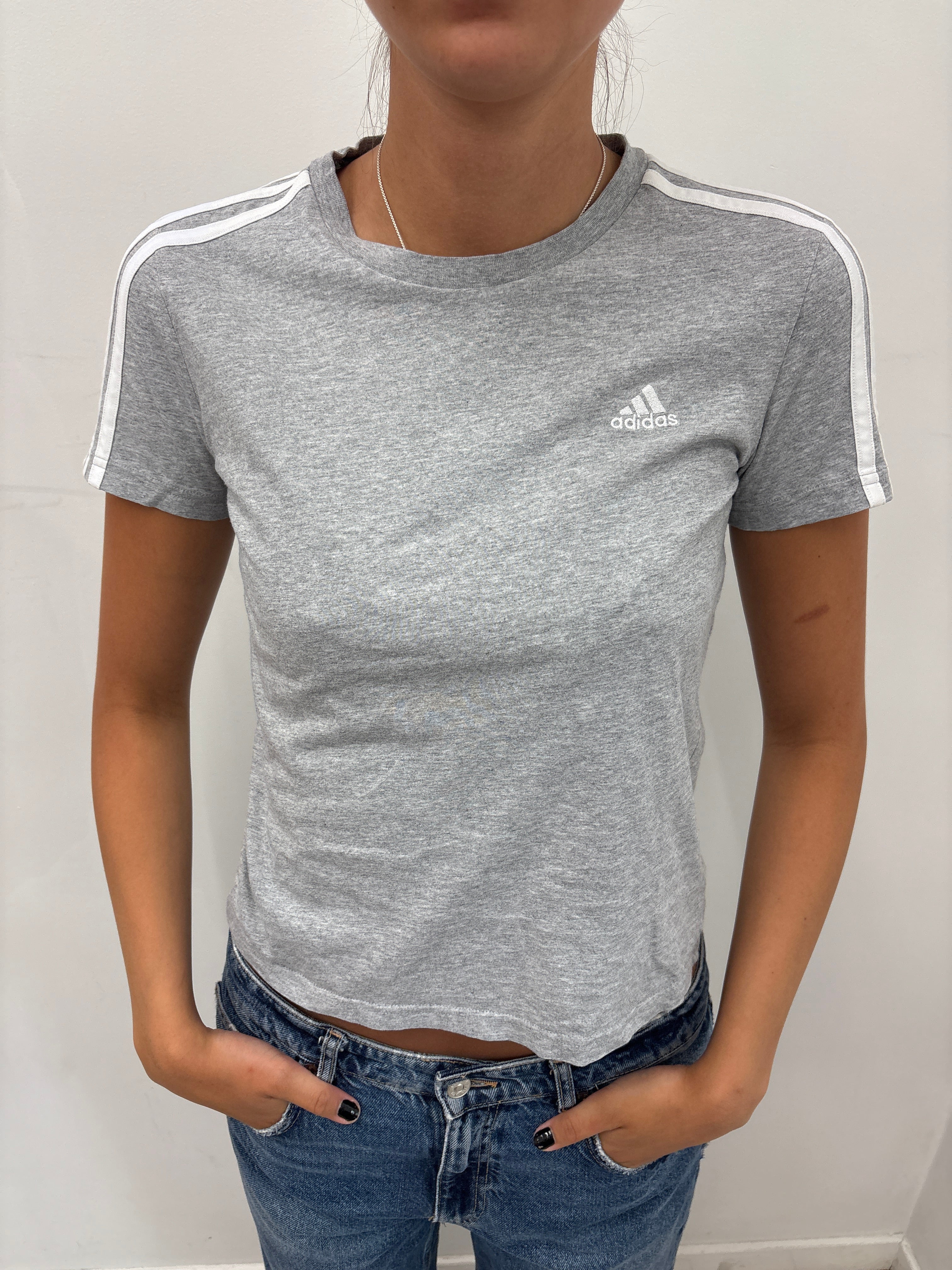 Grey Adidas T-Shirt with White Shoulder Stripes
