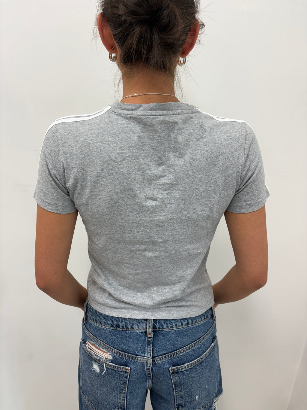 Grey Adidas T-Shirt with White Shoulder Stripes