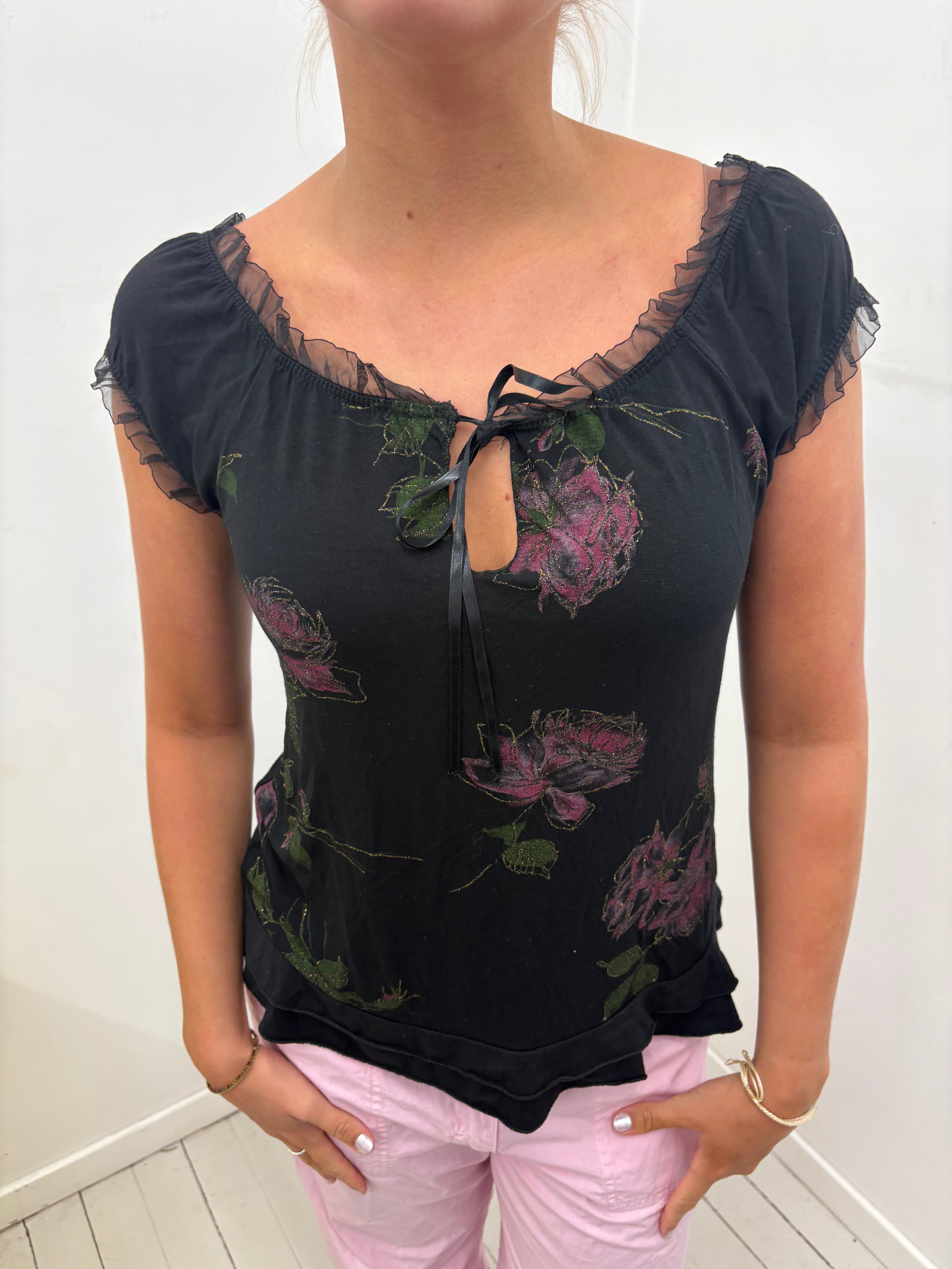 Black Rose Print Mesh Ruffle Tie-Front Top