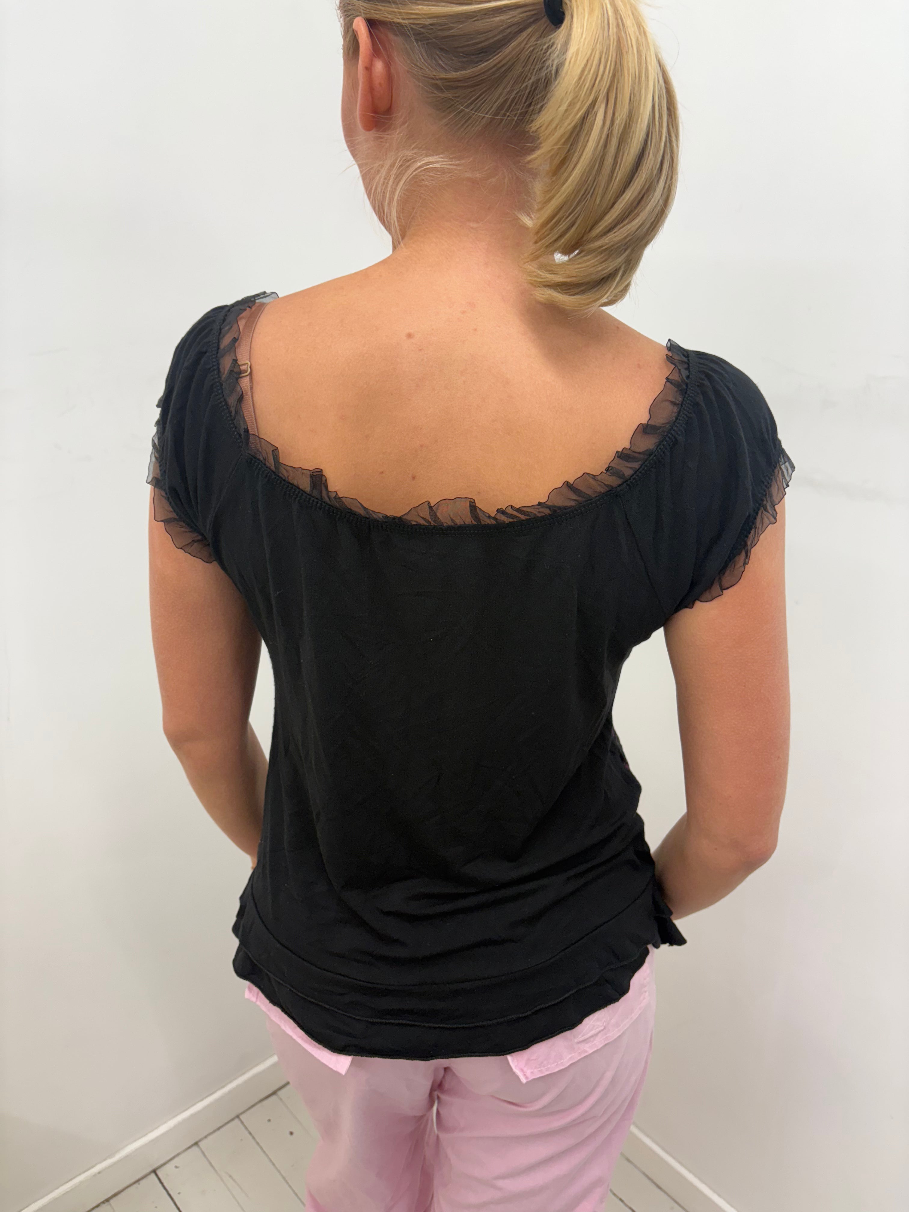 Black Rose Print Mesh Ruffle Tie-Front Top