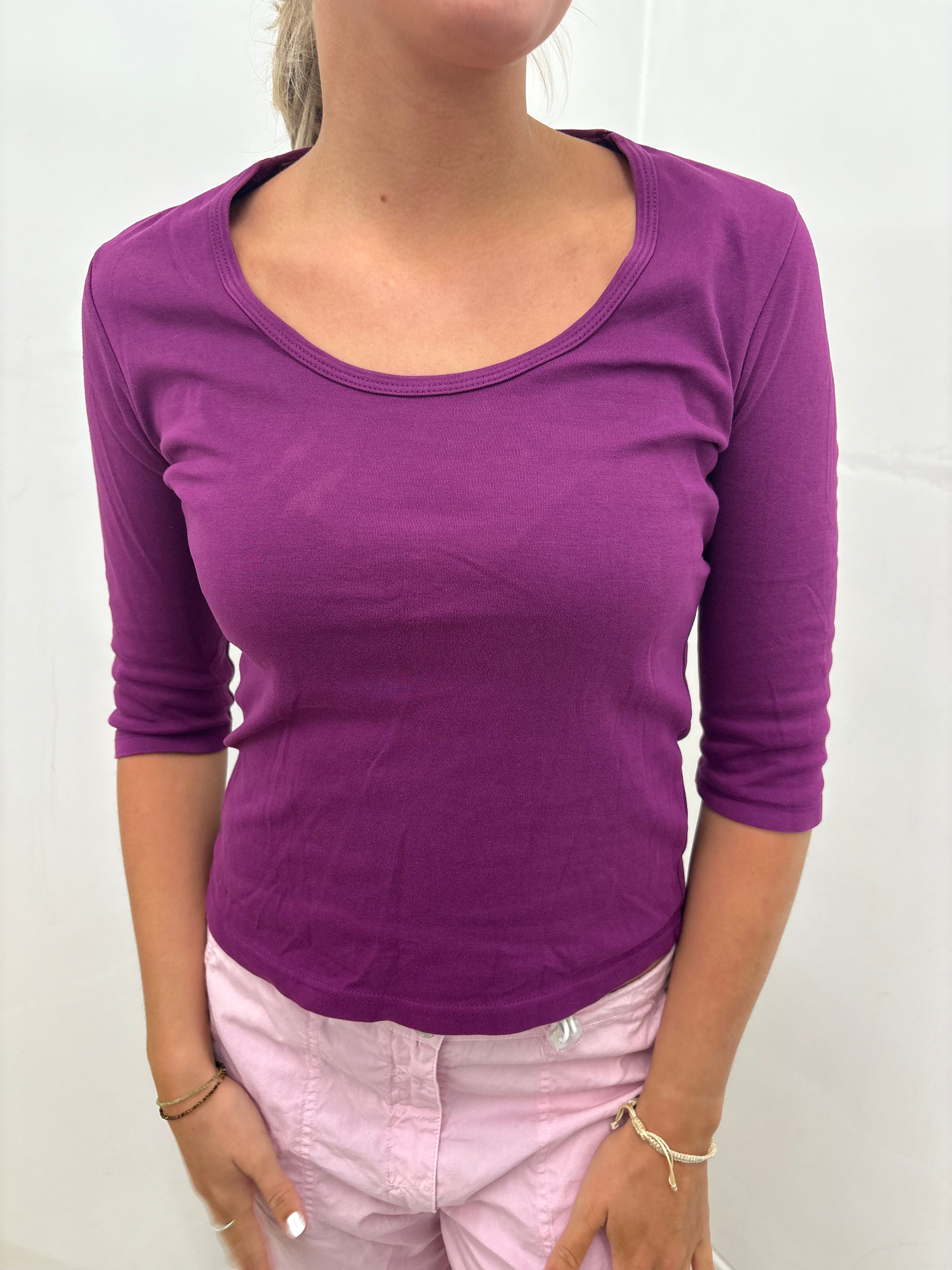 Vibrant Purple Scoop-Neck Three-Quarter Sleeve Top