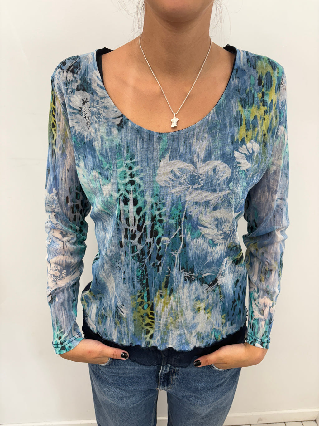 Blue Mesh Floral Print Long Sleeve Top