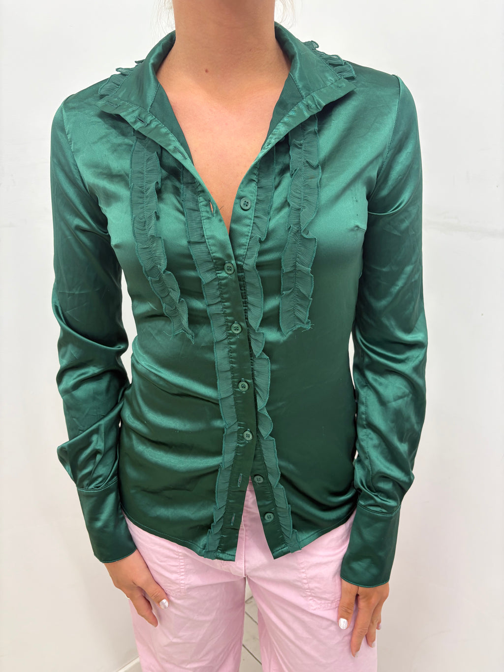Emerald Green Satin Ruffle-Trim Button-Up Blouse