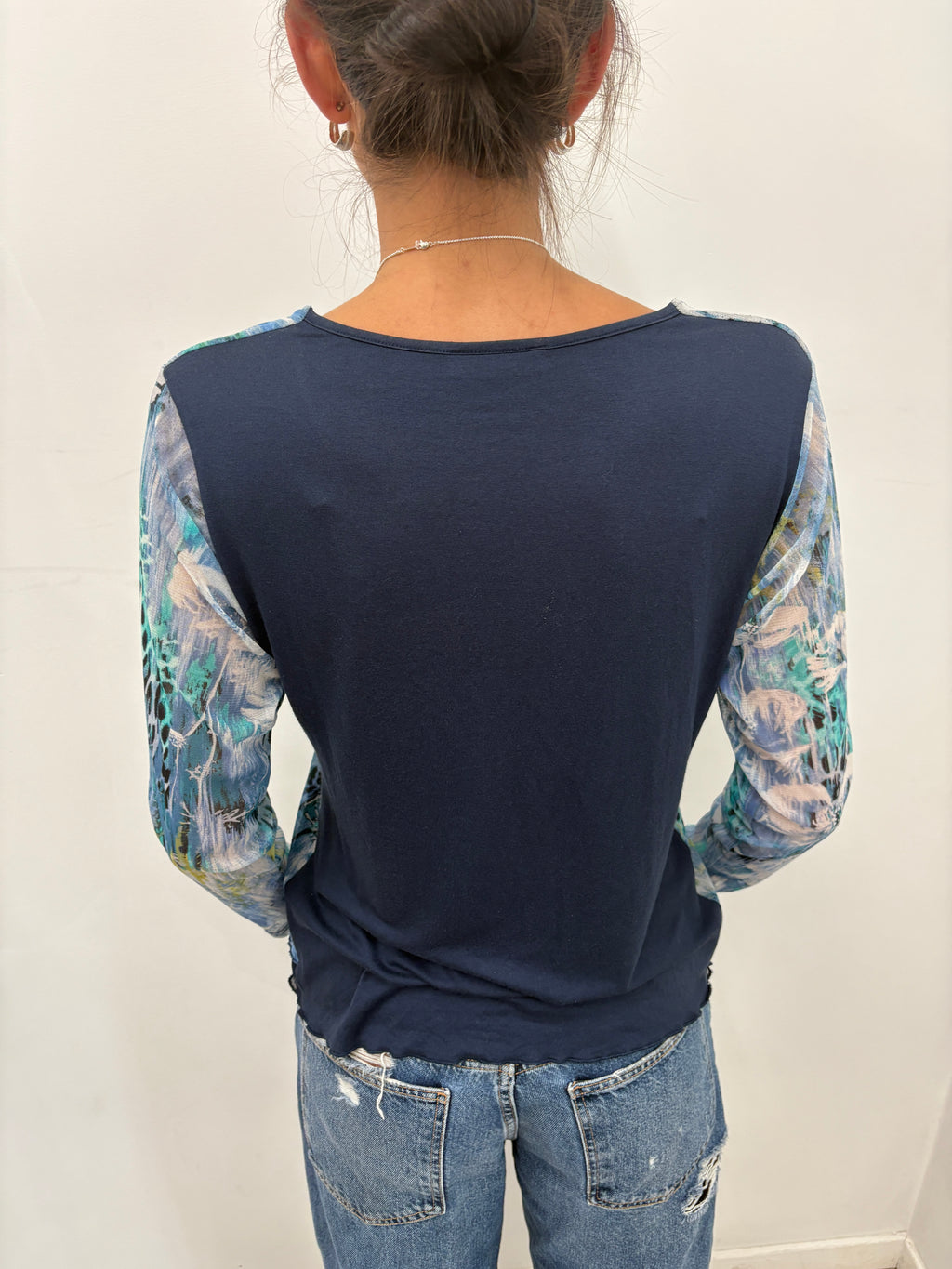 Blue Mesh Floral Print Long Sleeve Top