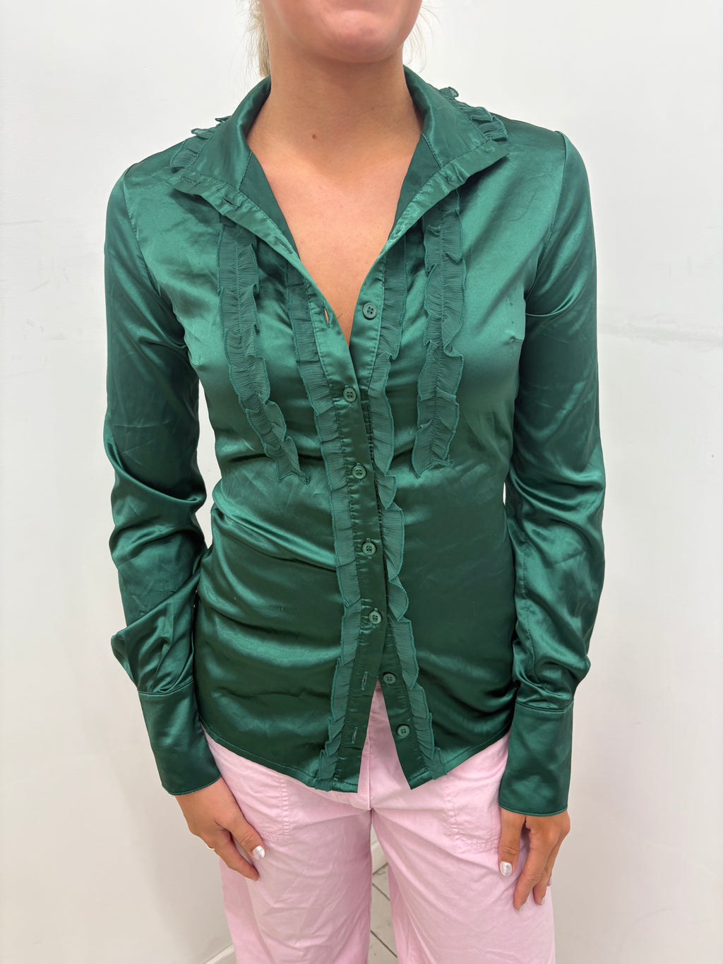 Emerald Green Satin Ruffle-Trim Button-Up Blouse