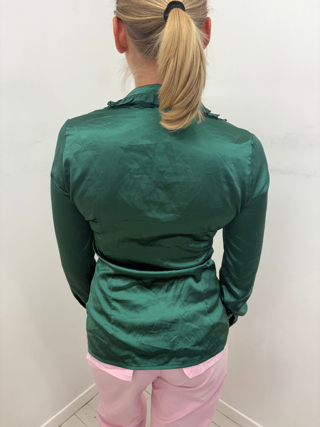 Emerald Green Satin Ruffle-Trim Button-Up Blouse