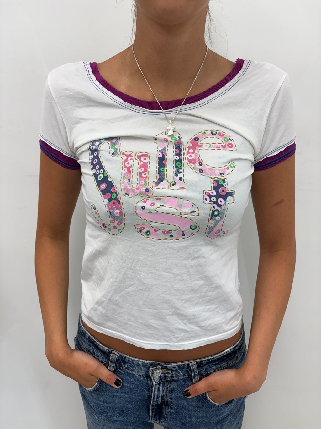 White Ringer Tee with Patchwork Graphic Text