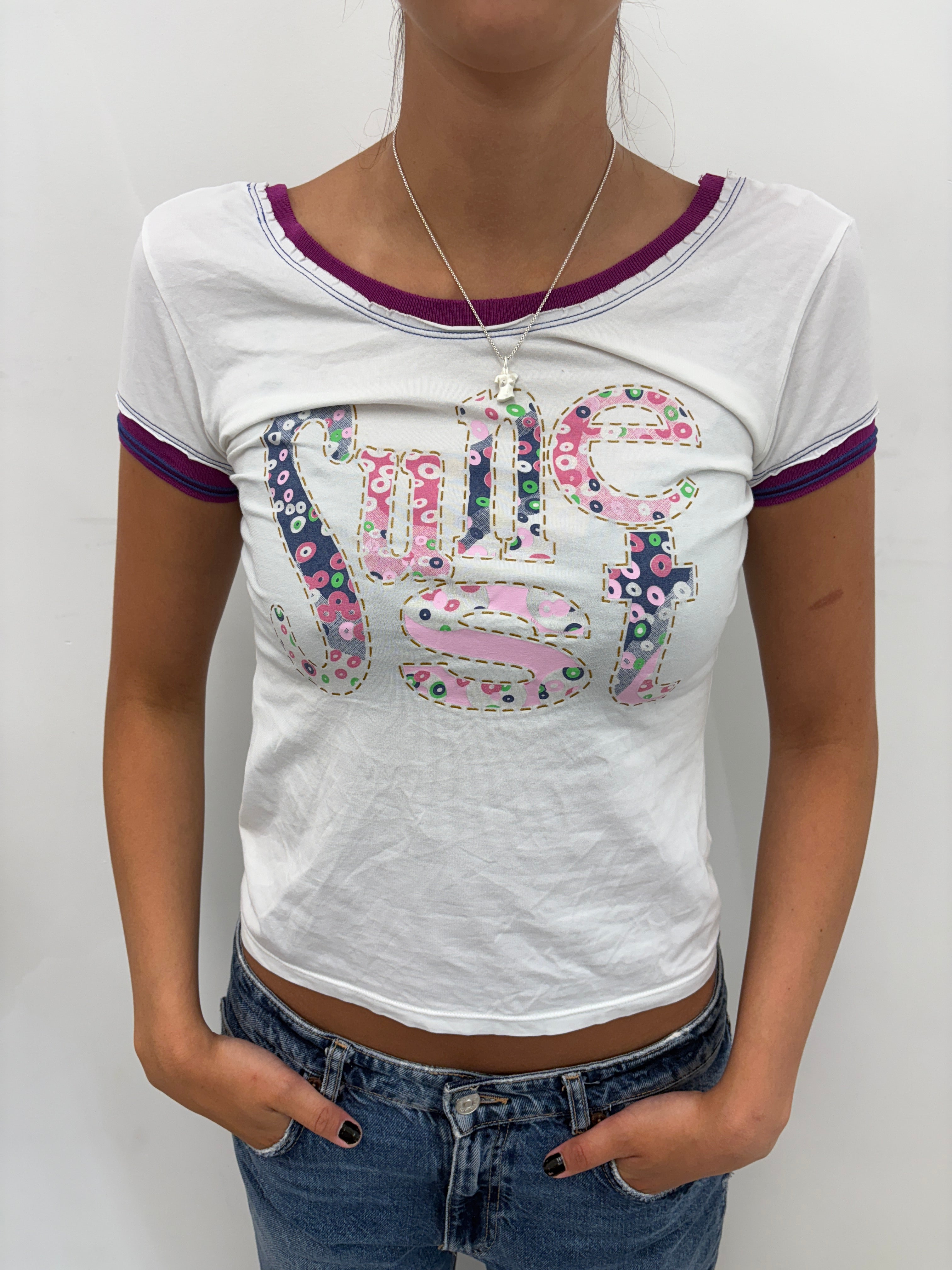 White Ringer Tee with Patchwork Graphic Text