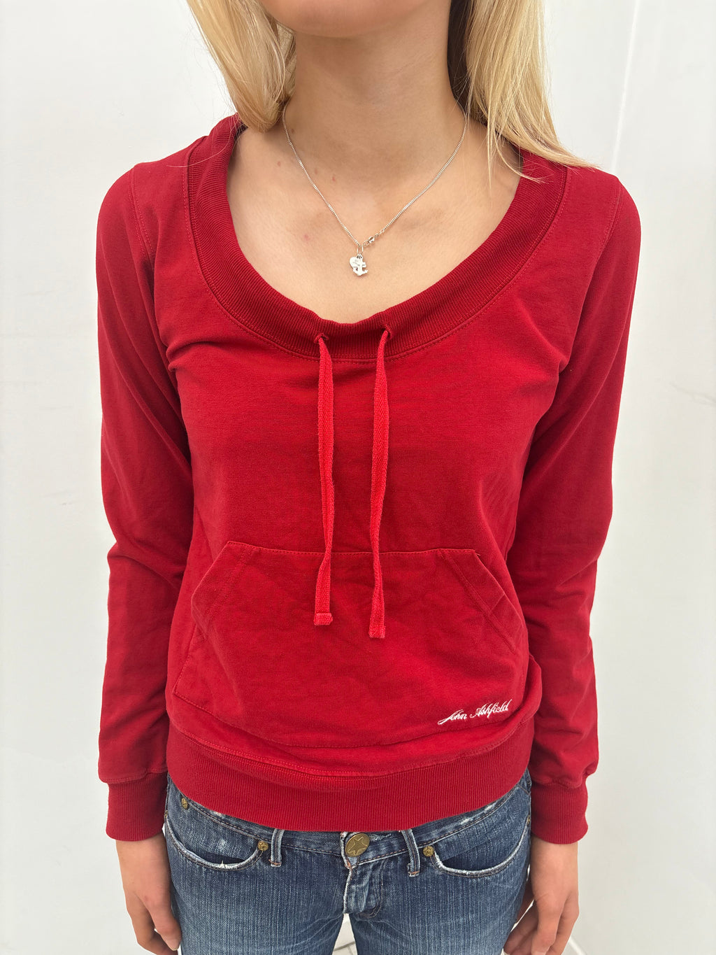 Red Velour Drawstring Sweatshirt