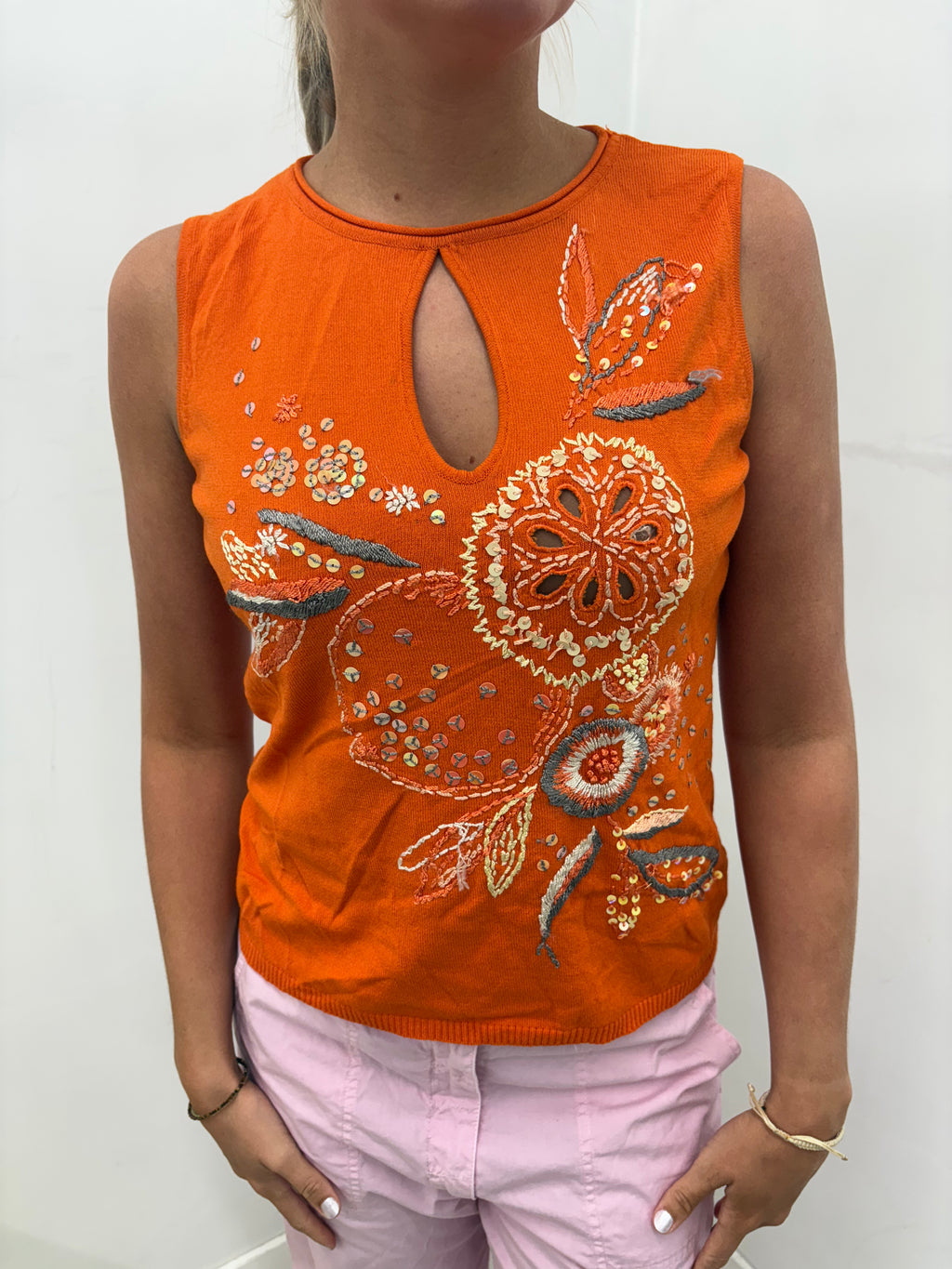Orange Embroidered Sequin Keyhole Knit Top
