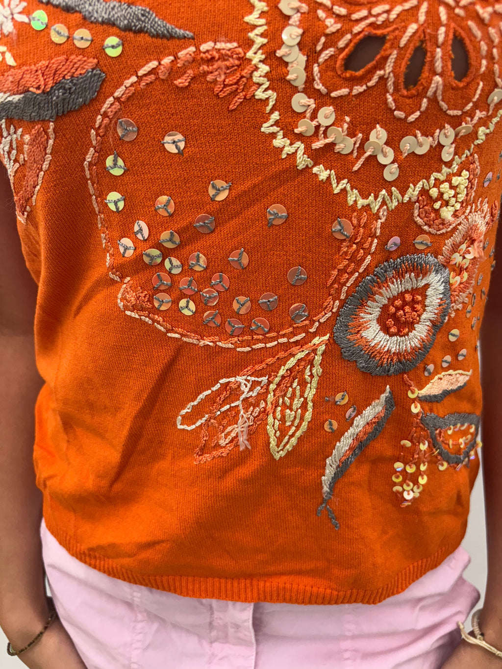 Orange Embroidered Sequin Keyhole Knit Top