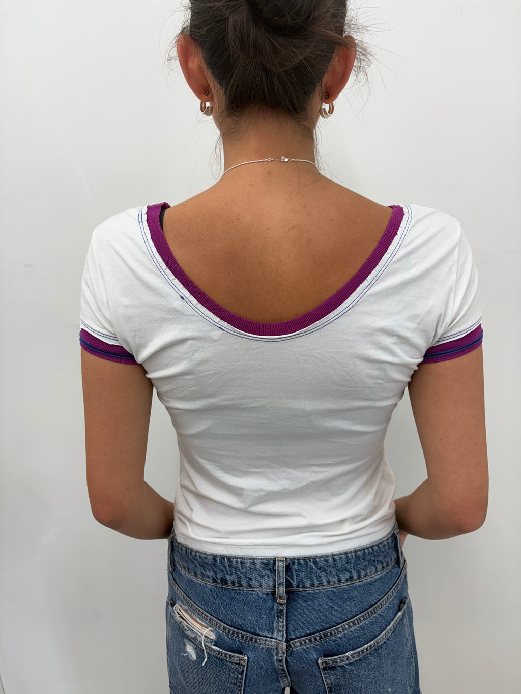 White Ringer Tee with Patchwork Graphic Text