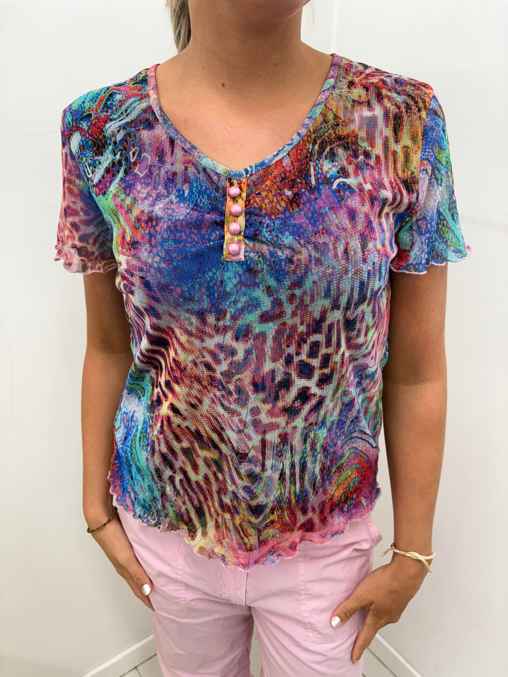 Multicolour Abstract Animal Print Mesh Henley Top