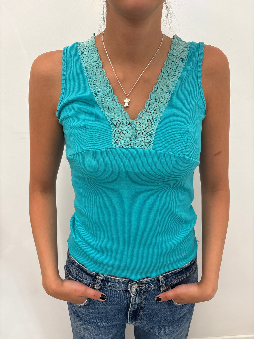 Turquoise Ribbed Tank with Lace Trim