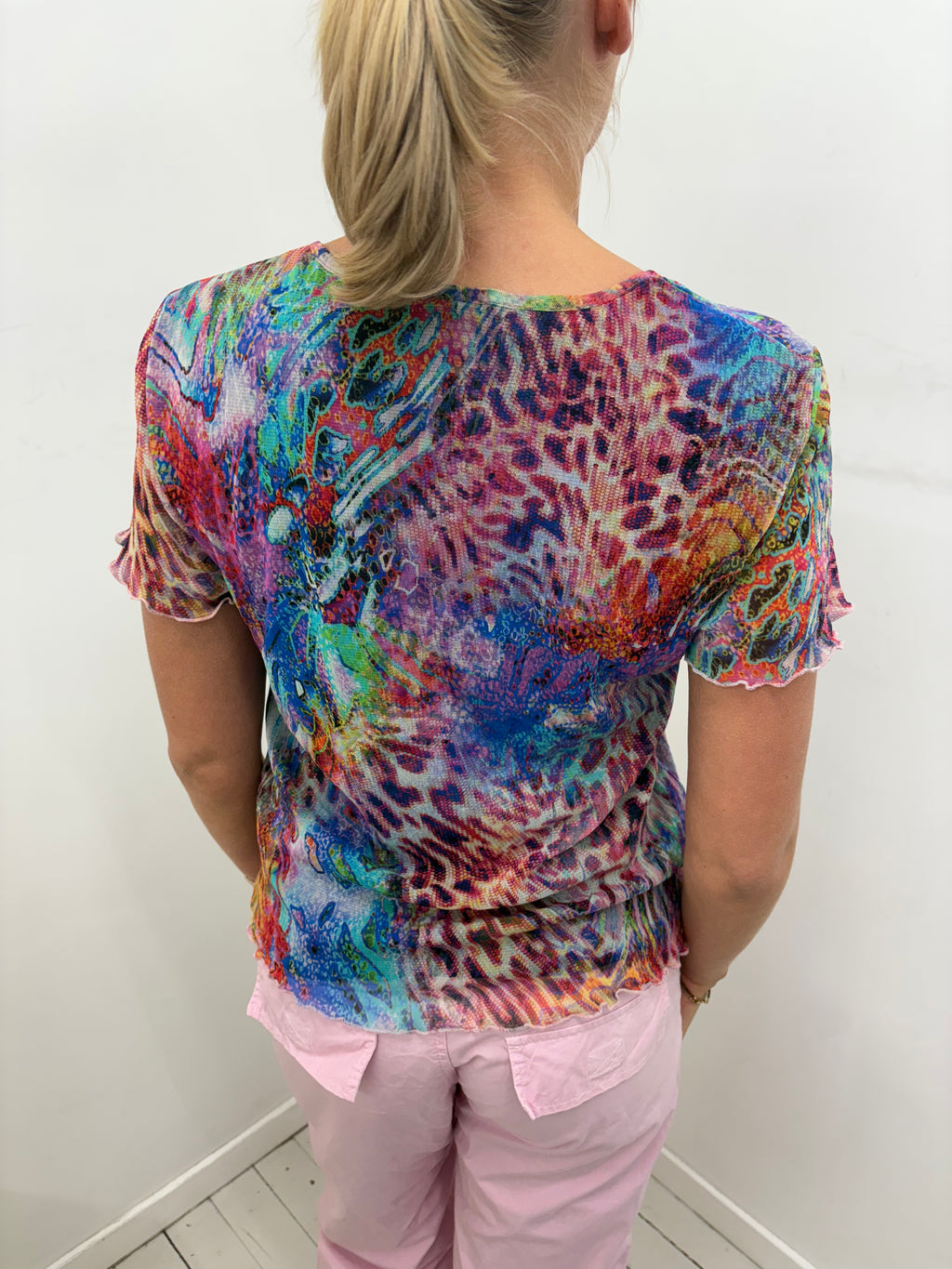 Multicolour Abstract Animal Print Mesh Henley Top