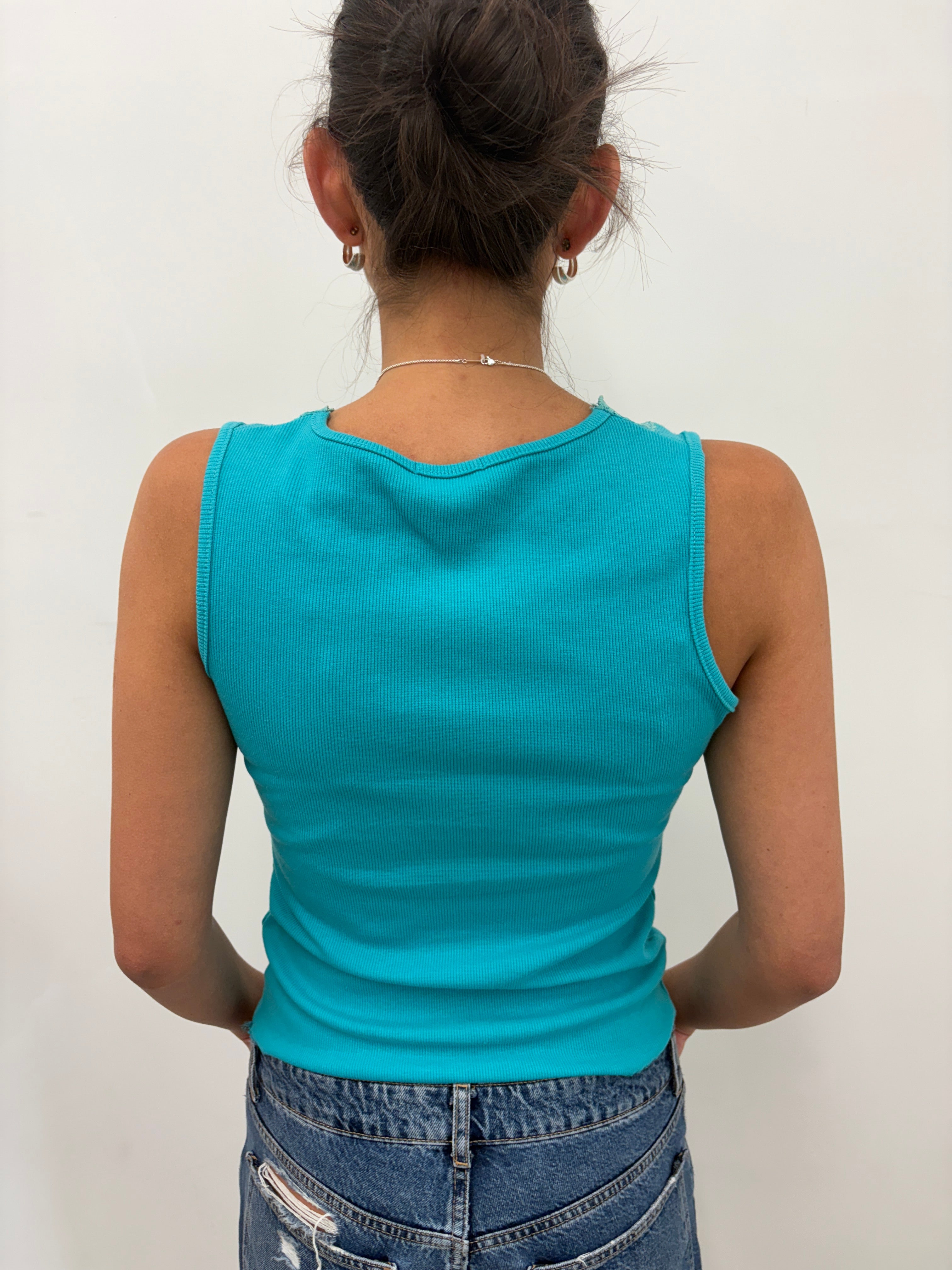 Turquoise Ribbed Tank with Lace Trim