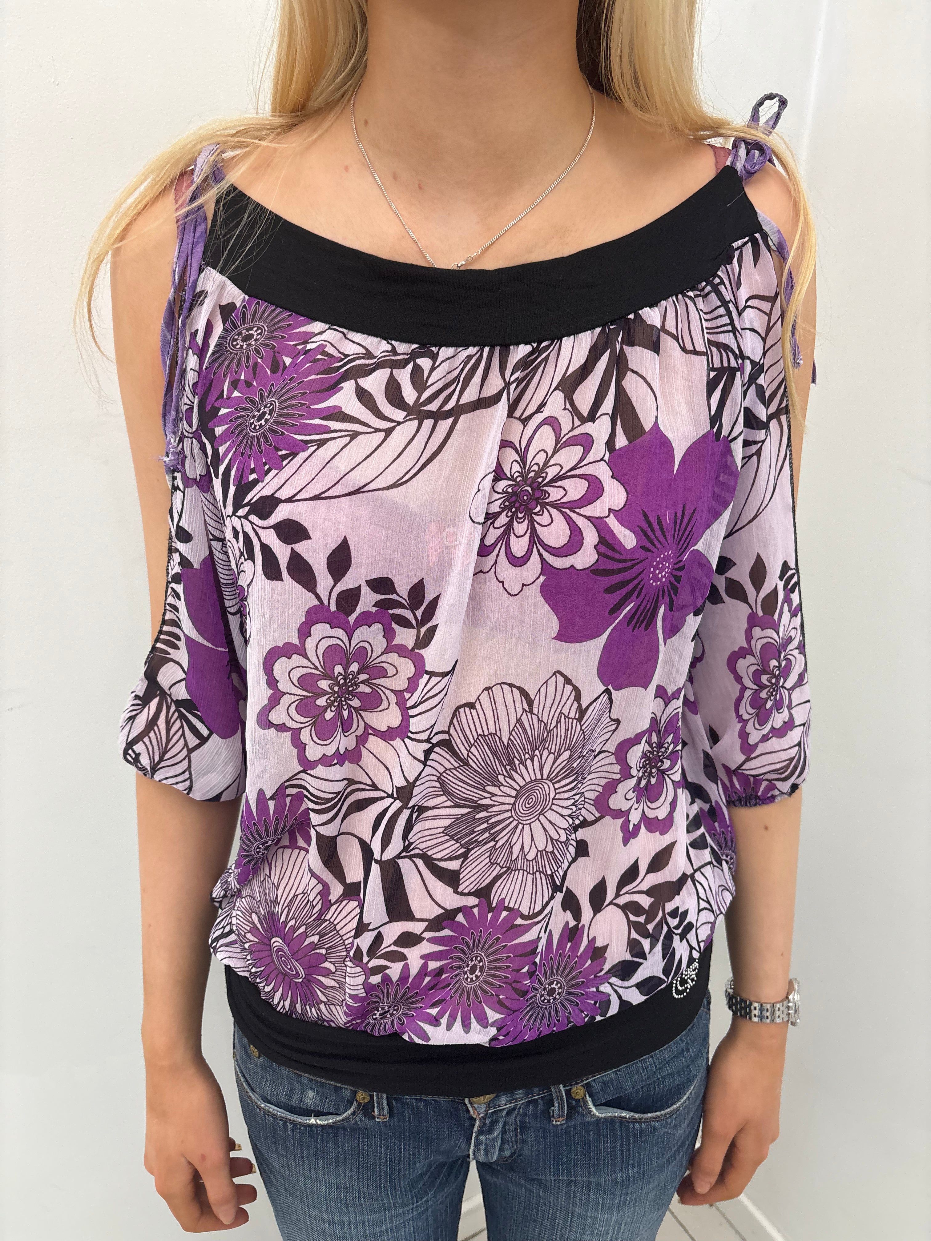 Purple Floral Cold Shoulder Sheer Blouse