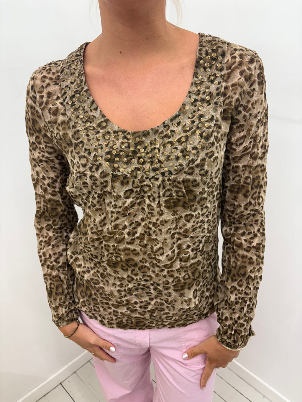 Leopard Print Mesh Gold Studded Ruffle-Bib Top