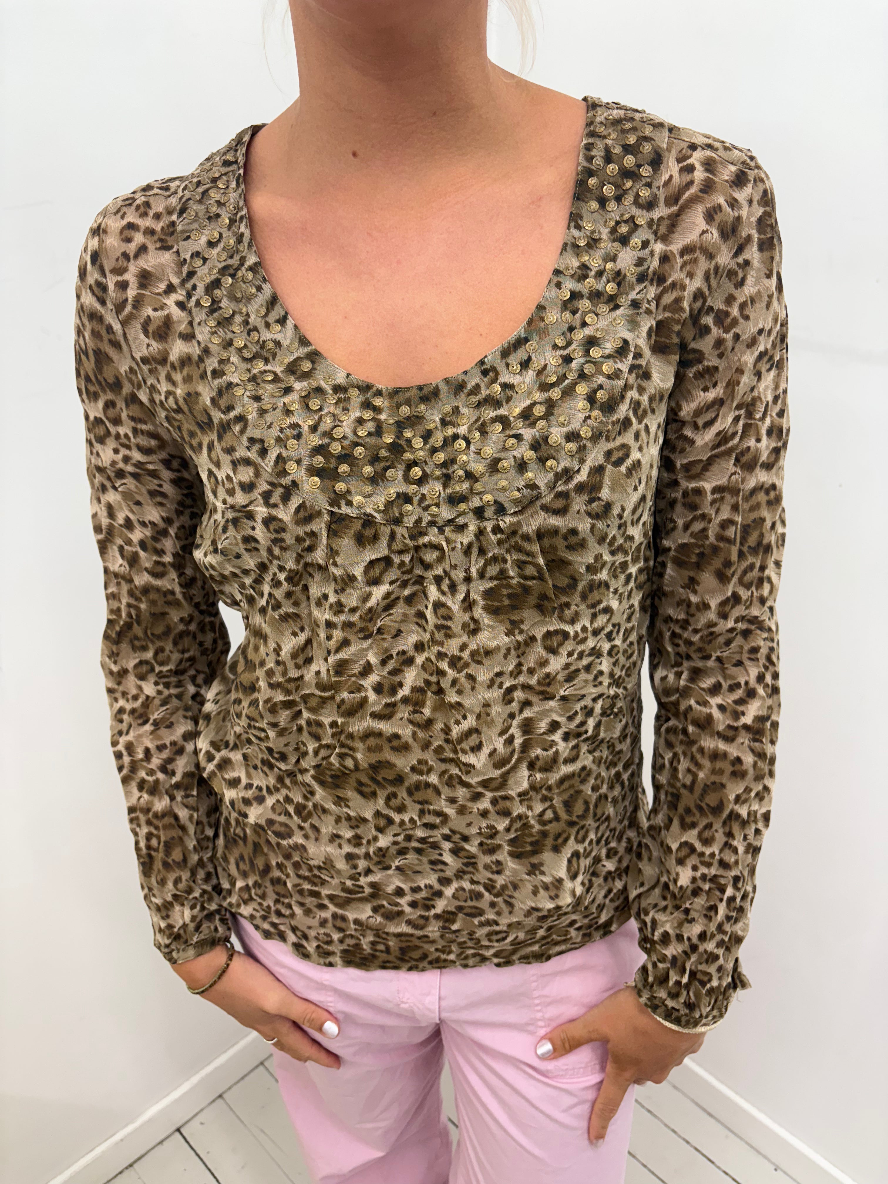 Leopard Print Mesh Gold Studded Ruffle-Bib Top