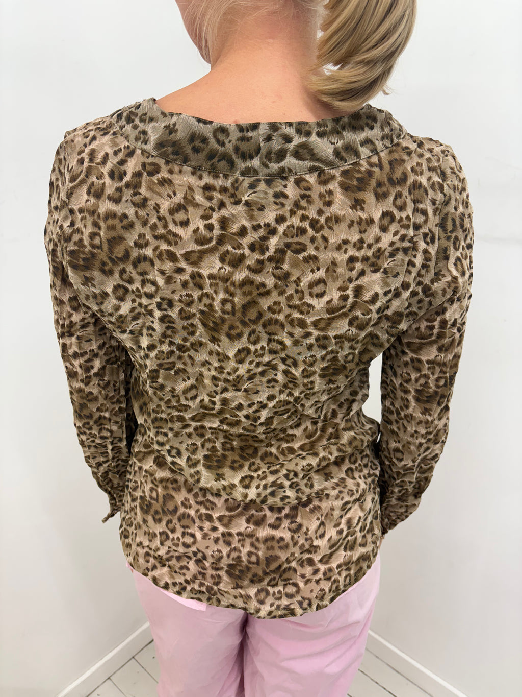 Leopard Print Mesh Gold Studded Ruffle-Bib Top