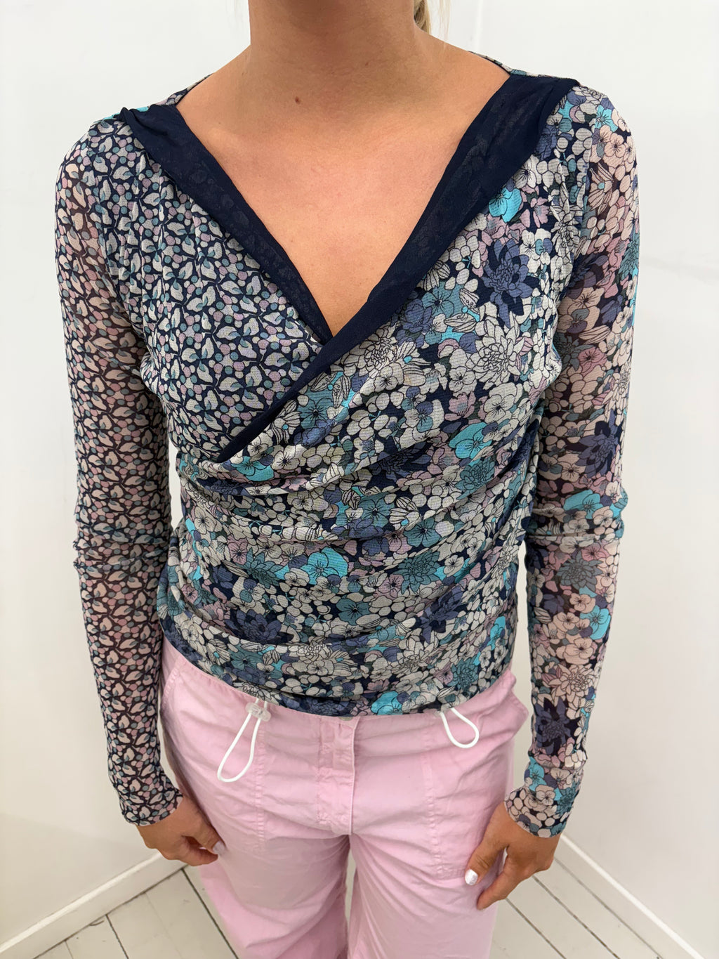 Navy Floral Mesh Wrap-Style Lace-Trim Long-Sleeve Top