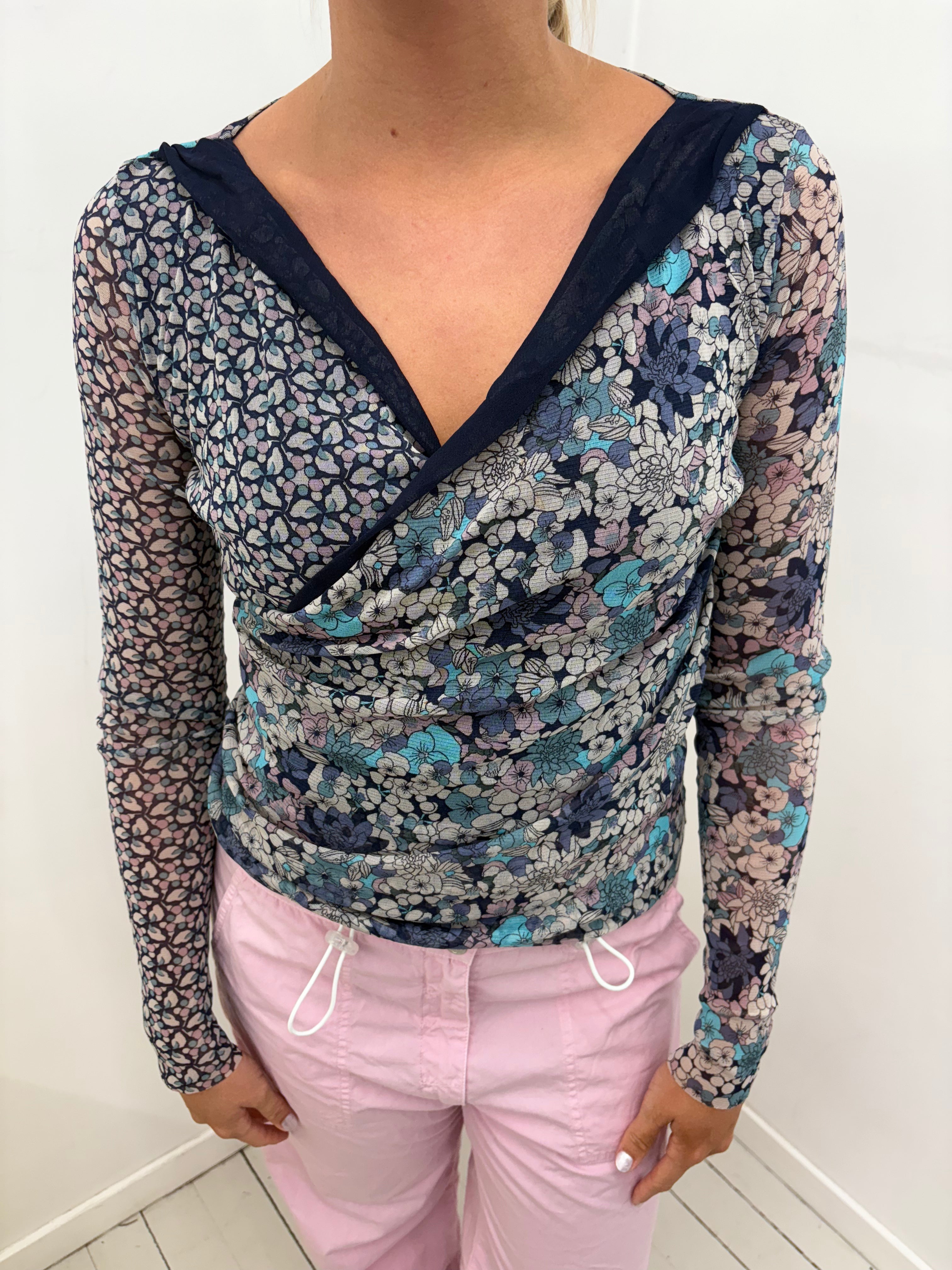 Navy Floral Mesh Wrap-Style Lace-Trim Long-Sleeve Top