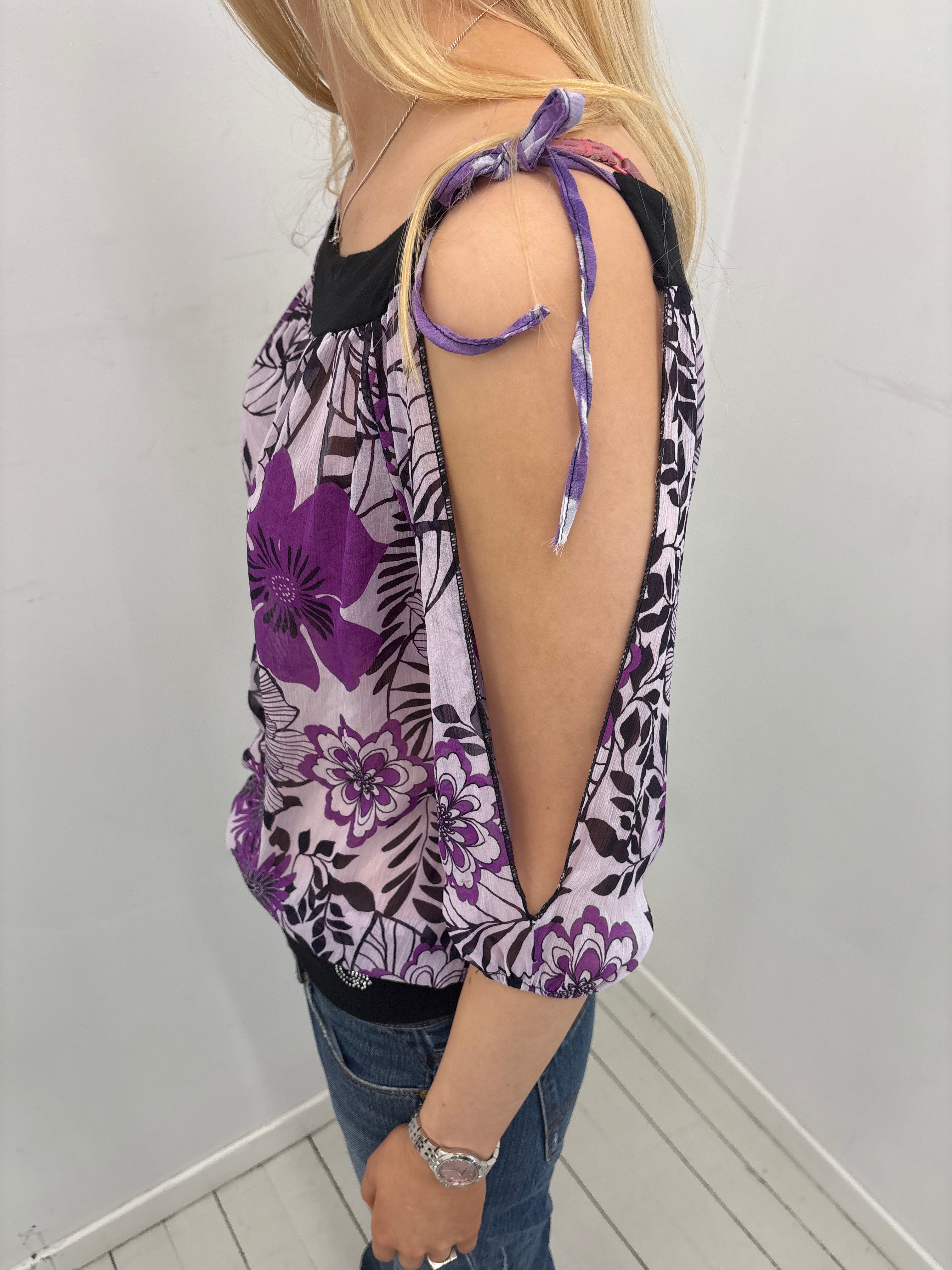 Purple Floral Cold Shoulder Sheer Blouse