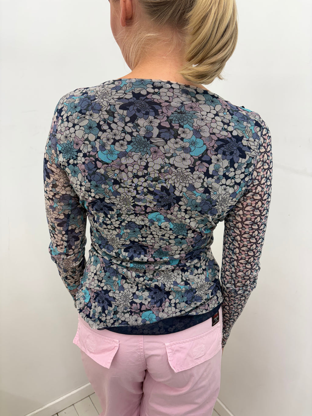 Navy Floral Mesh Wrap-Style Lace-Trim Long-Sleeve Top