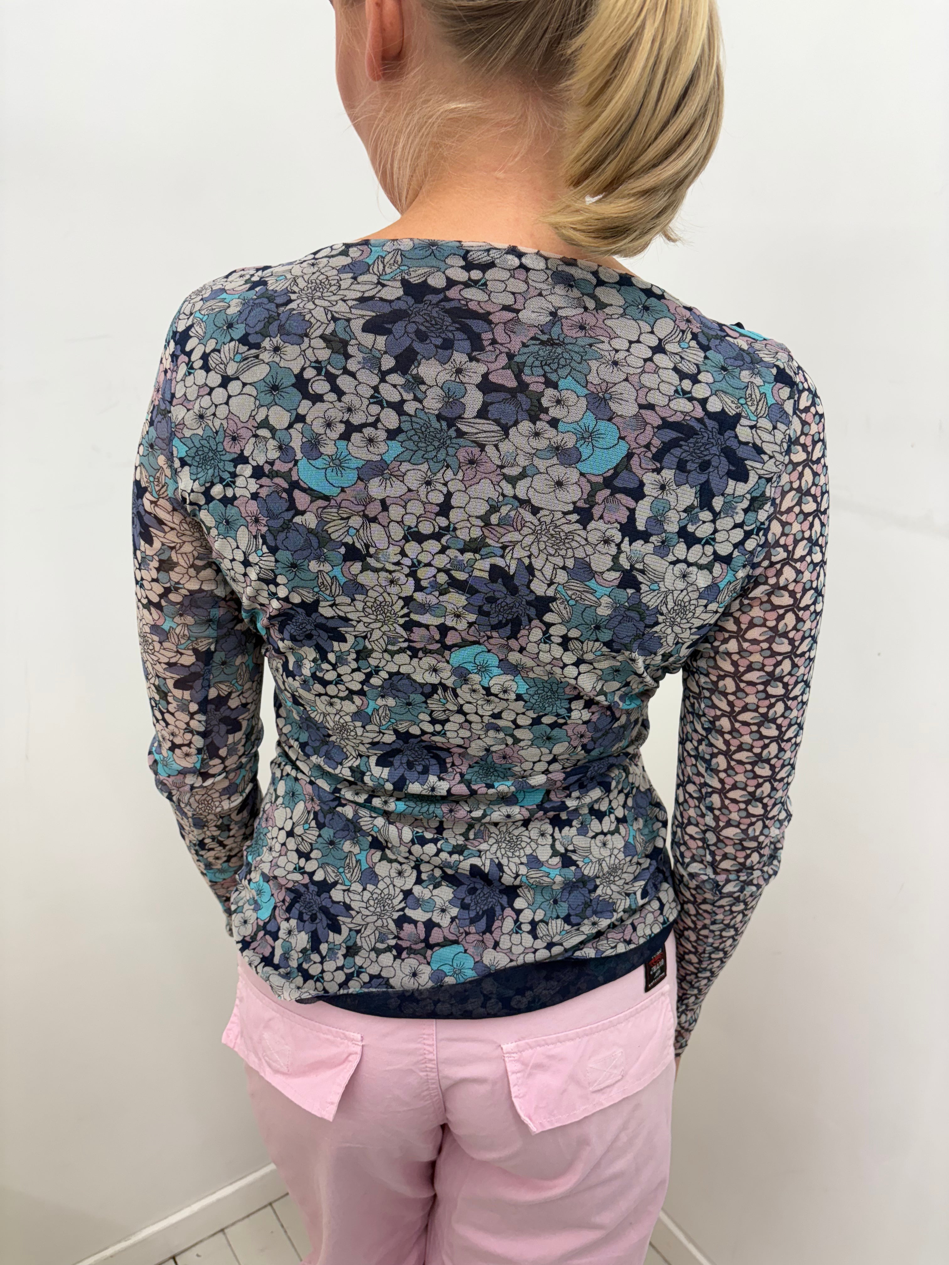 Navy Floral Mesh Wrap-Style Lace-Trim Long-Sleeve Top