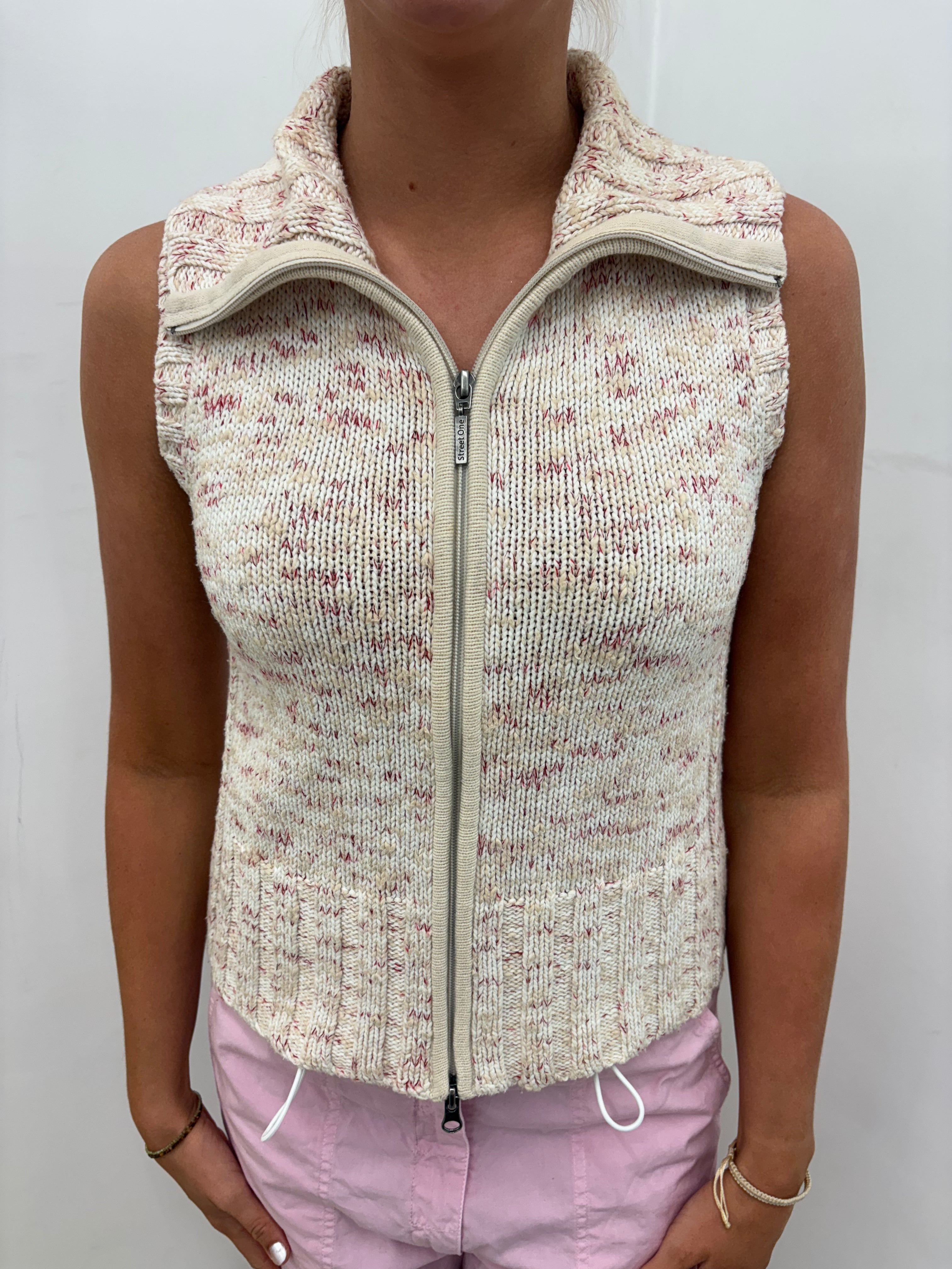 Cream & Pink Speckled Knit Zip-Up Sleeveless Vest