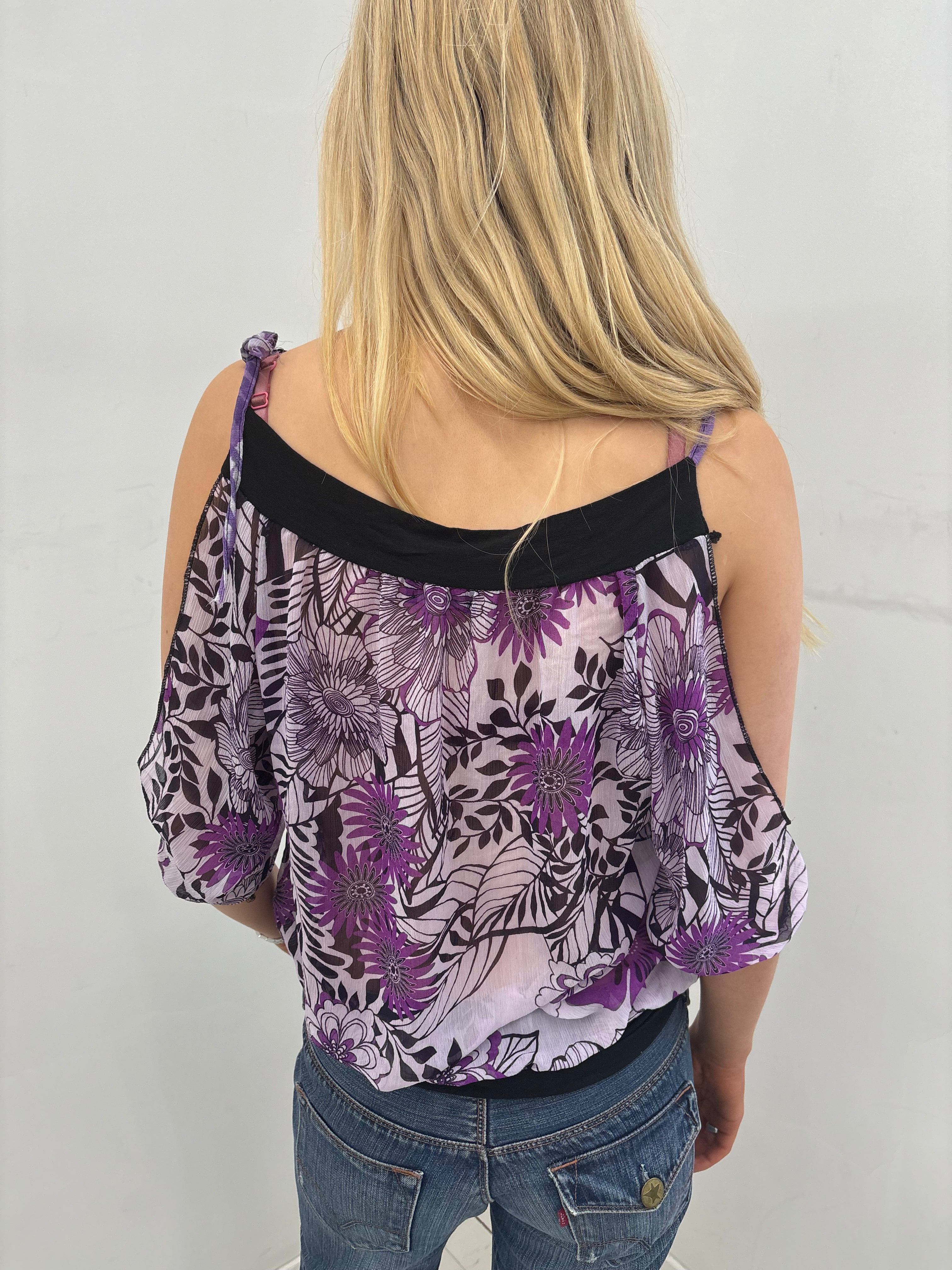 Purple Floral Cold Shoulder Sheer Blouse
