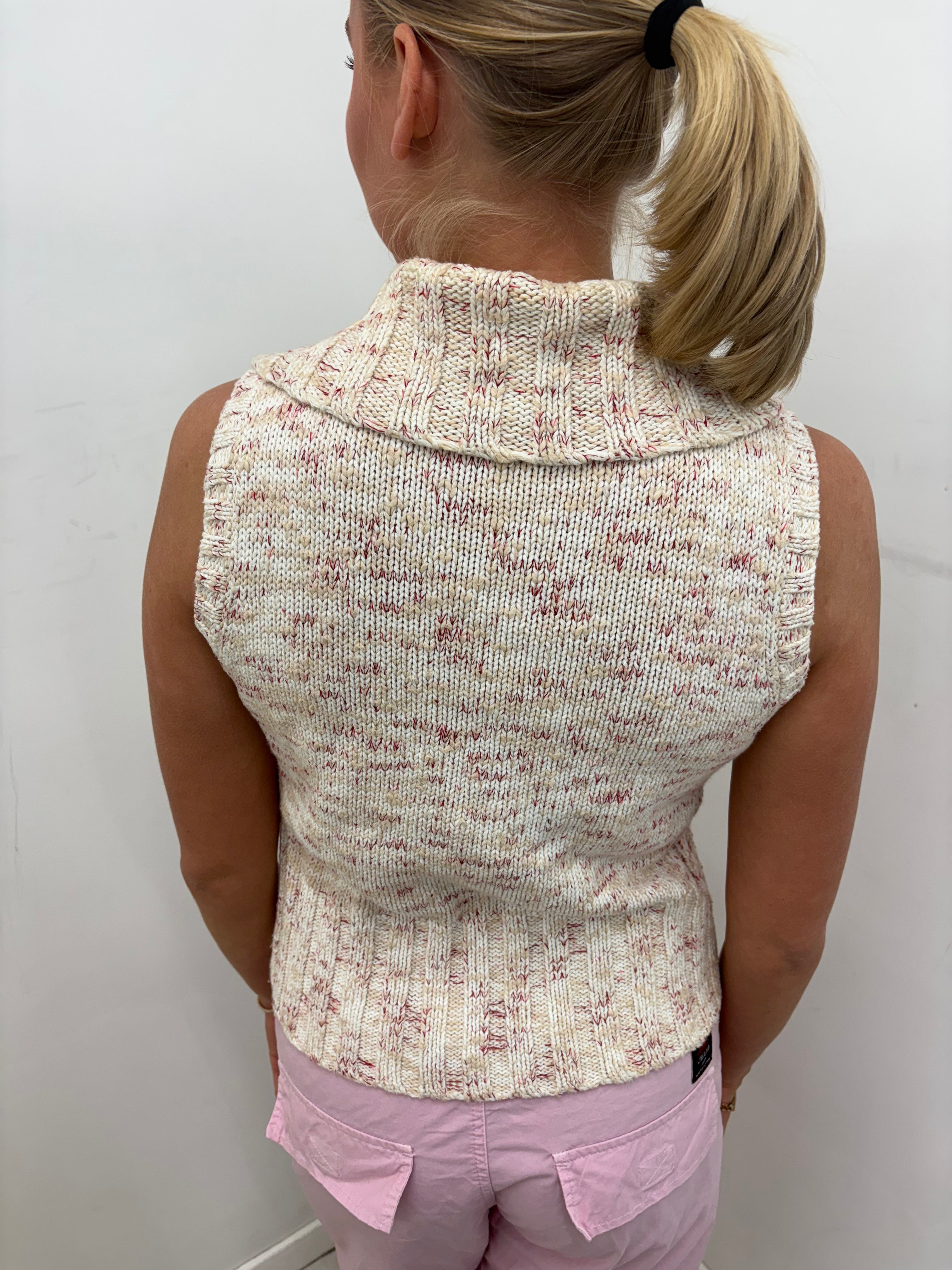 Cream & Pink Speckled Knit Zip-Up Sleeveless Vest