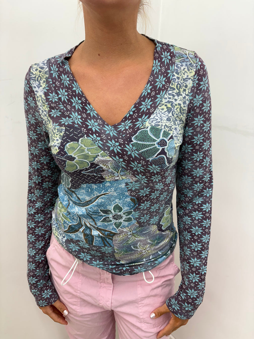 Blue & Green Botanical Patchwork Print Fitted Top