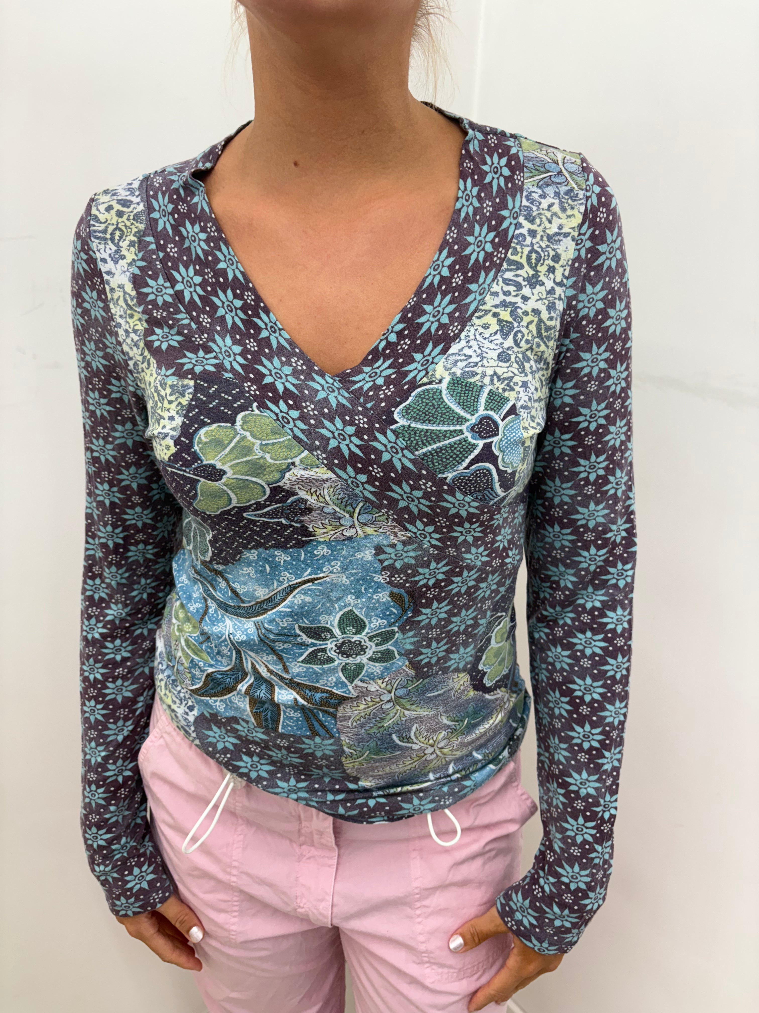 Blue & Green Botanical Patchwork Print Fitted Top