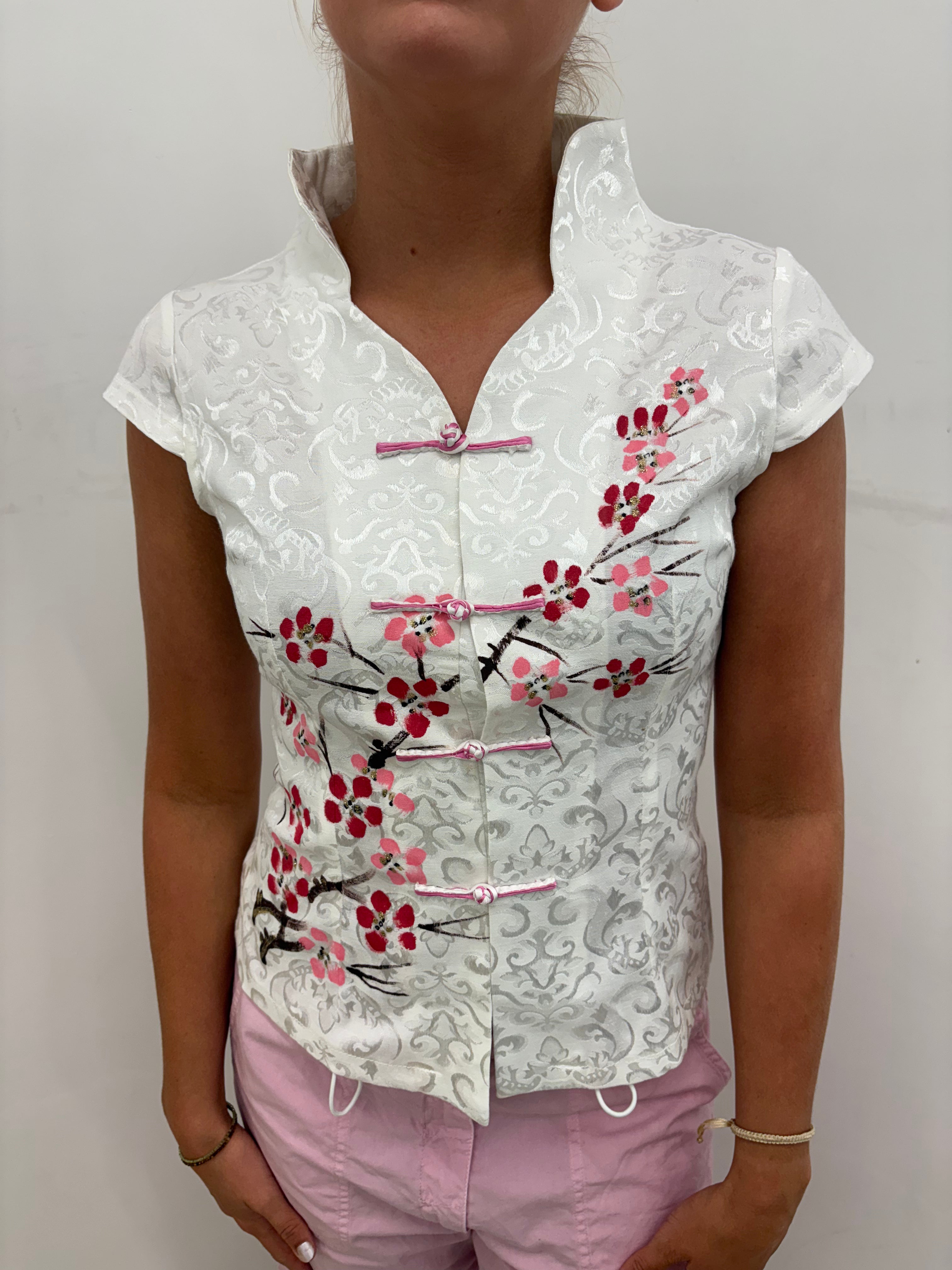 White Satin Cherry Blossom Oriental Frog-Button Top