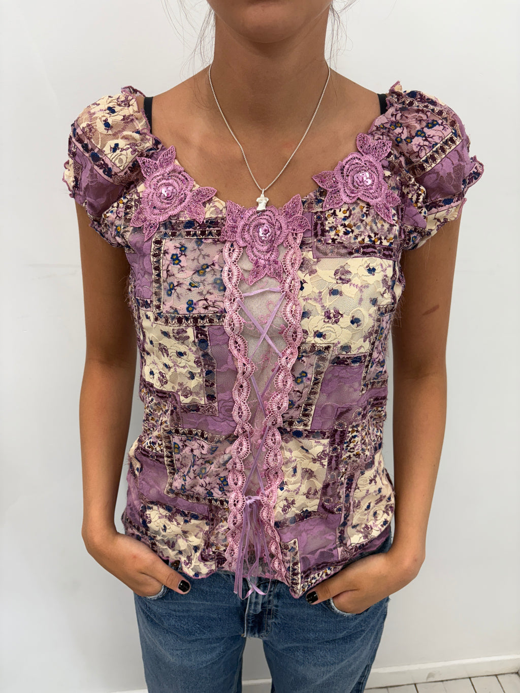 Purple Lace Patchwork Corset Top
