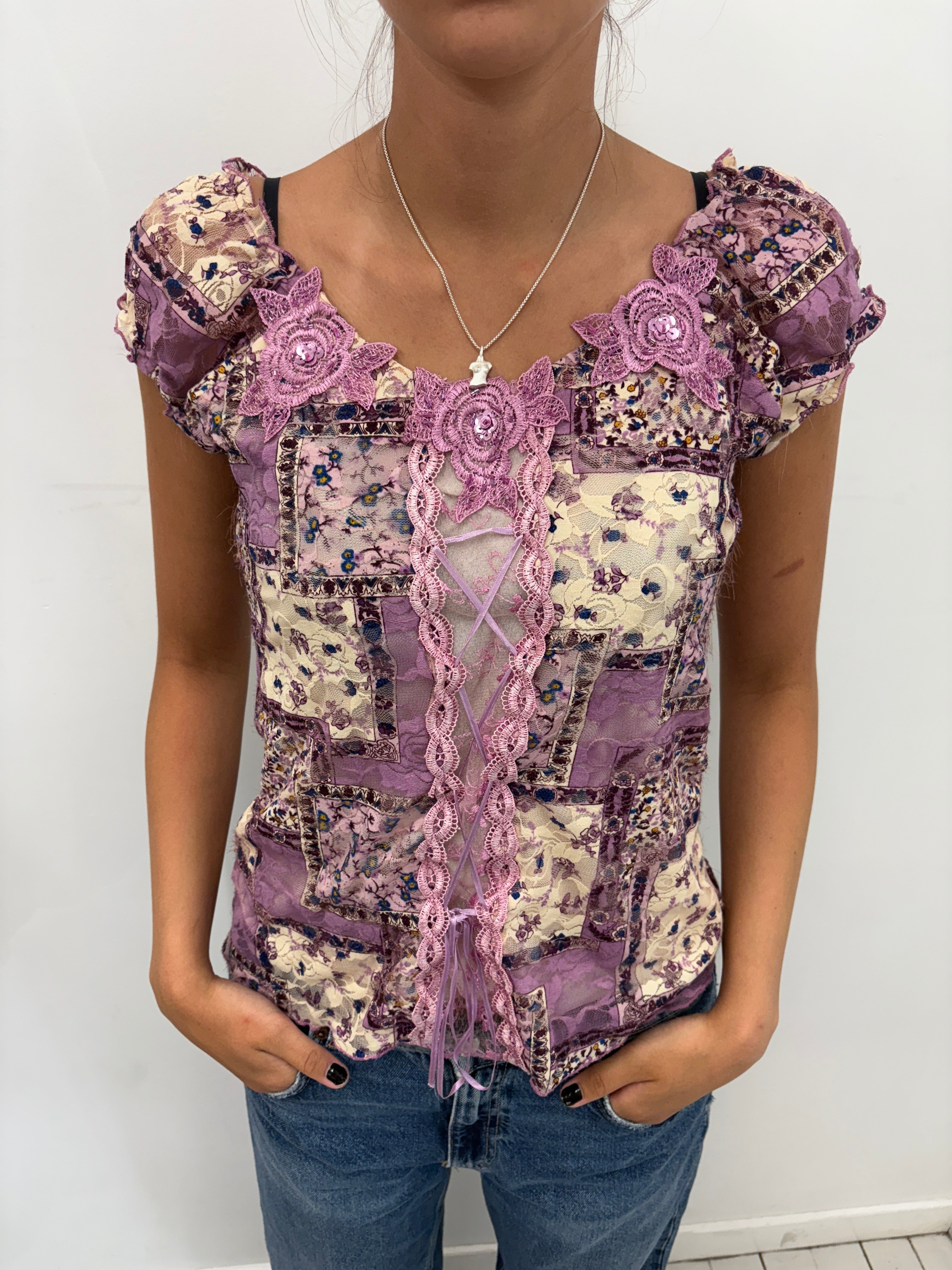 Purple Lace Patchwork Corset Top