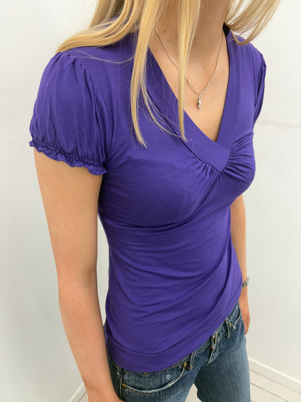 Purple Ruched V-Neck Cap Sleeve Top