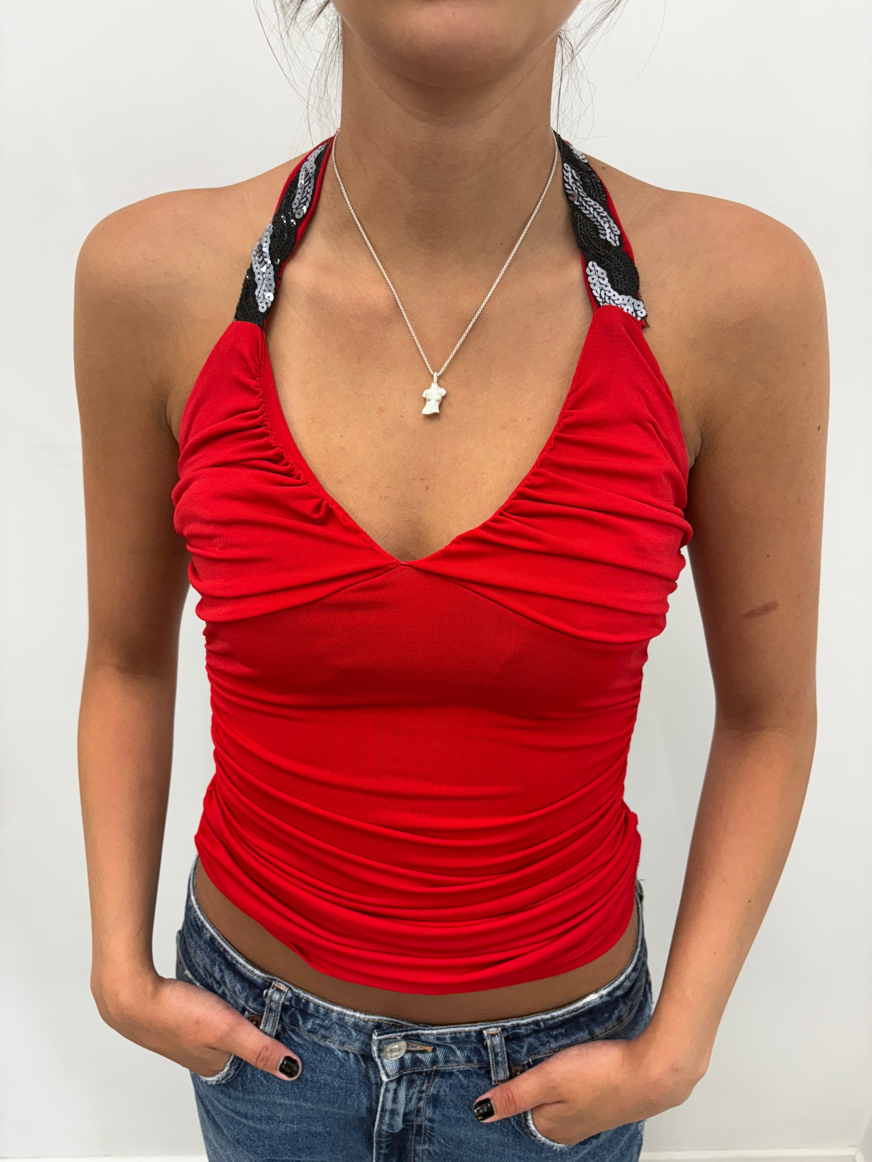 Red Halter Top with Sequin Straps