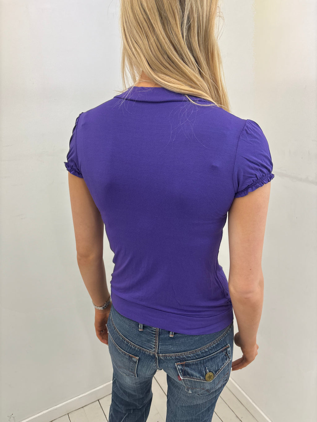 Purple Ruched V-Neck Cap Sleeve Top