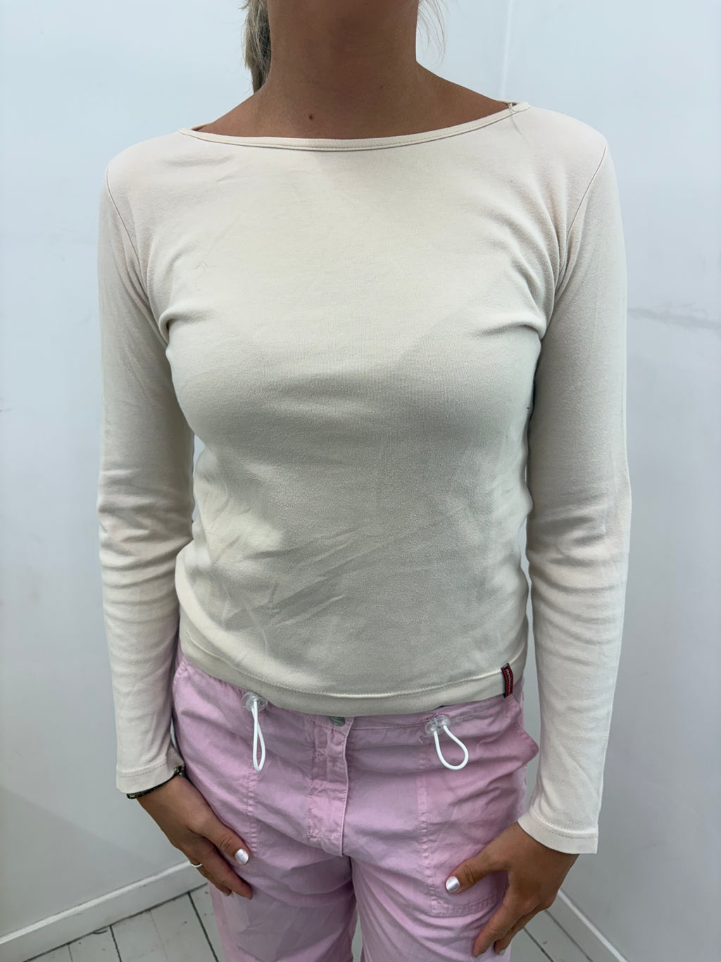Cream Fitted Boat-Neck Long-Sleeve Top